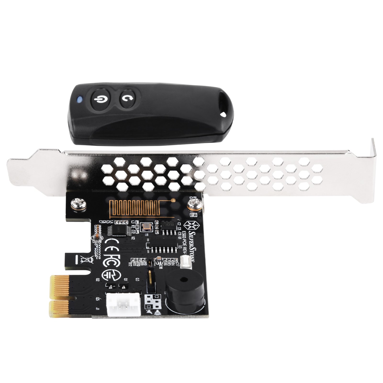 SilverStone SST-ES02-PCIe - Interruptor de control 2,4G inalámbrico para Encender/Resetear el ordenador, El altavoz para PC integrado, PCIe
