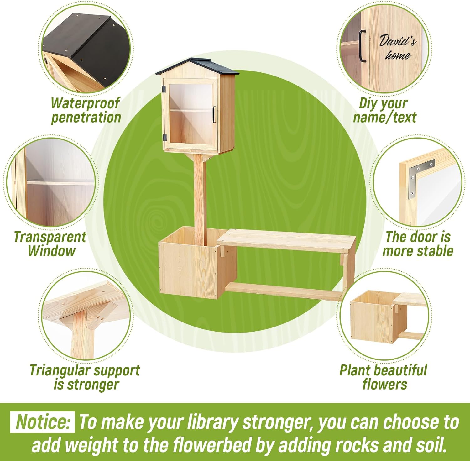 Outdoor Little Library with Bench Set, Waterproof Double Outdoor Book Box Storage with Matching Wooden Seats Floor Plugs and Small Flower Fence for Neighborhoods, Community(Wood) - Image 3