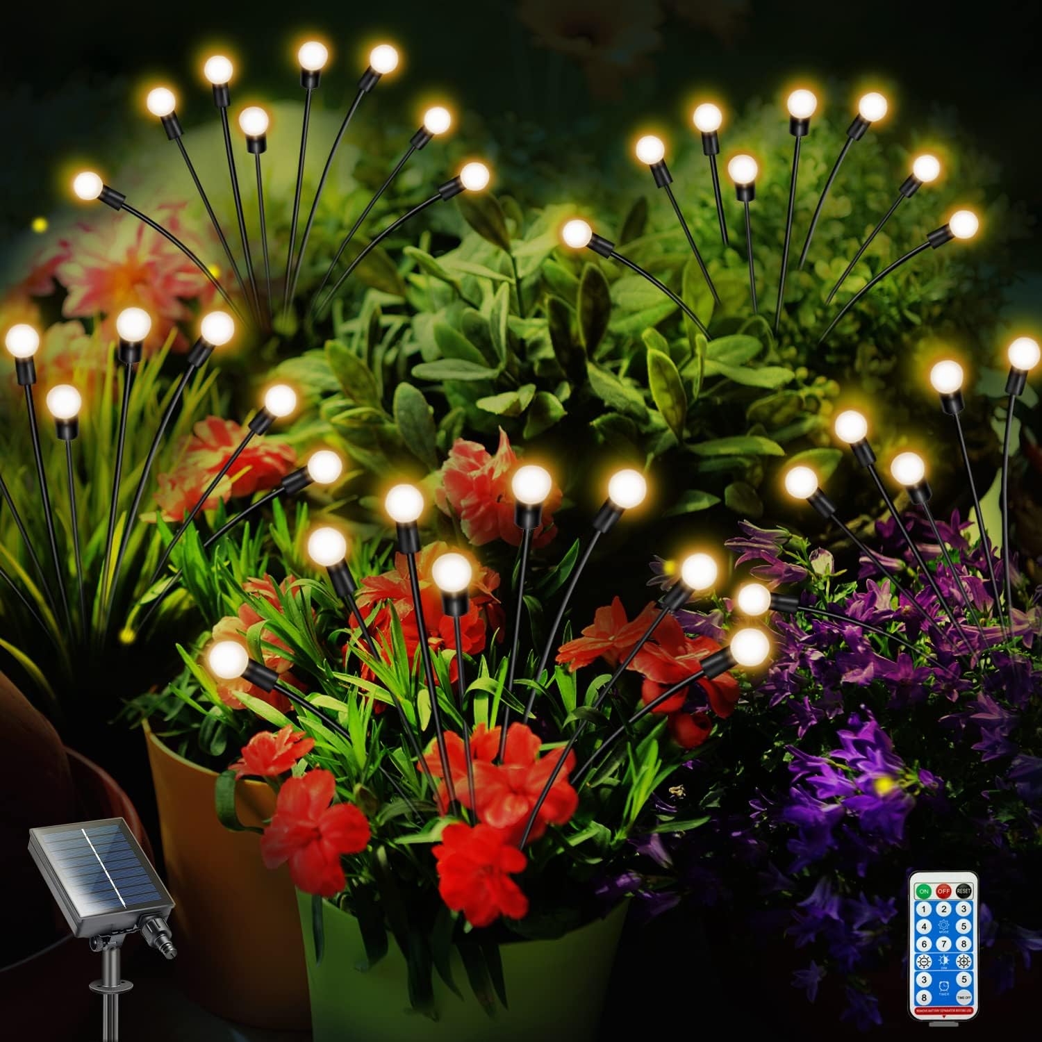 Firefly Lights Solar Outdoor, Solar Firefly Garden Lights 6 Pack 8 LED Waterproof Lights with Remote Control, Solar Garden Lights for Yard Patio Pathway Garden Decor（Warm-White）
