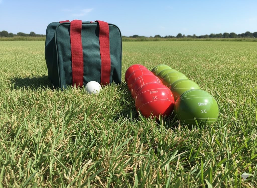 BuyBocceBalls Listing - Made in USA, Premium Quality Engraved Tournament Bocce Set, 998 Grams (2 lbs. 3.2 oz.). Various Bag Colors - 110mm Light Red and Lime Green Balls, Nylon Bag