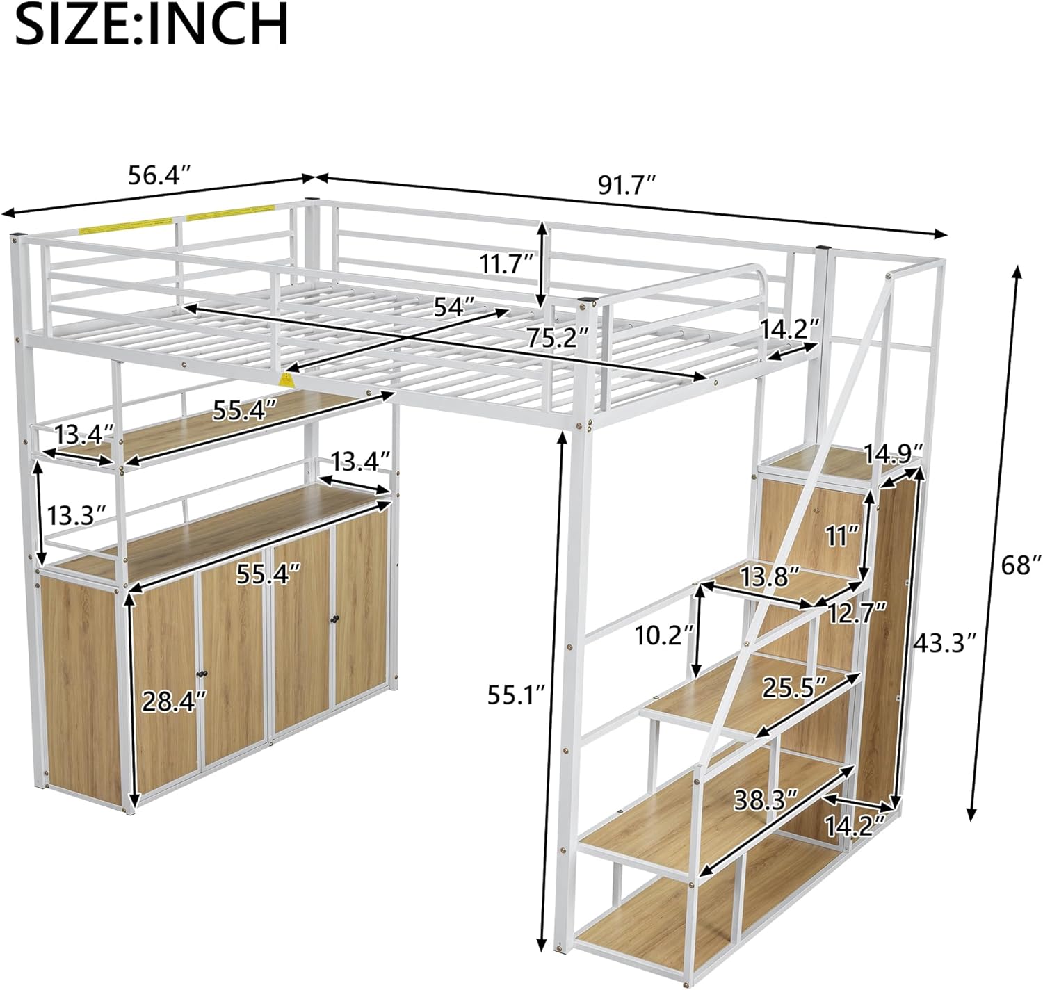 A SOFTSEA Full Size Loft Bed in a room, showing a mattress on top, a chair and desk underneath, and the storage stairs and cabinets in use.