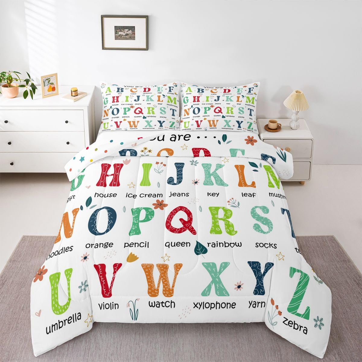 Feelyou ABC Alphabet Bedding Set King Size, Learning Educational Comforter Cute Cartoon Funny Positive Words Comforter Set for Kids Toddler Educational Duvet Set Durable Bed Set 3Pcs