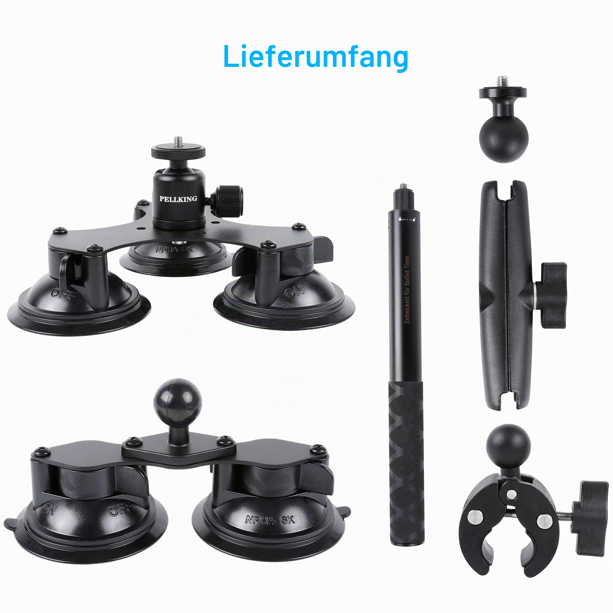 PellKing - Insta360 x5, x4, x3, x2, x, One RS, R, Autohalterung für GoPro Max DJI OSMO 360 Kamera, 5-in-1-Saug-Montage-Kit für Action-Kameras (inkl. Selfie-Stick