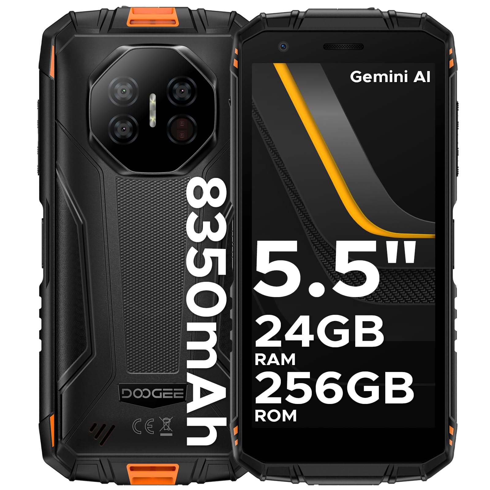 DOOGEE Fire 3 Ultra Rugged Smartphone, 8350mAh Android 15, Unisoc T7200 Octa Core, 5.5" IPS HD+ Display, 24GB+256GB, 16MP+20MP, Octa Core, Widevine L1/Fingerprint ID/Face Unlock/NFC- Orange