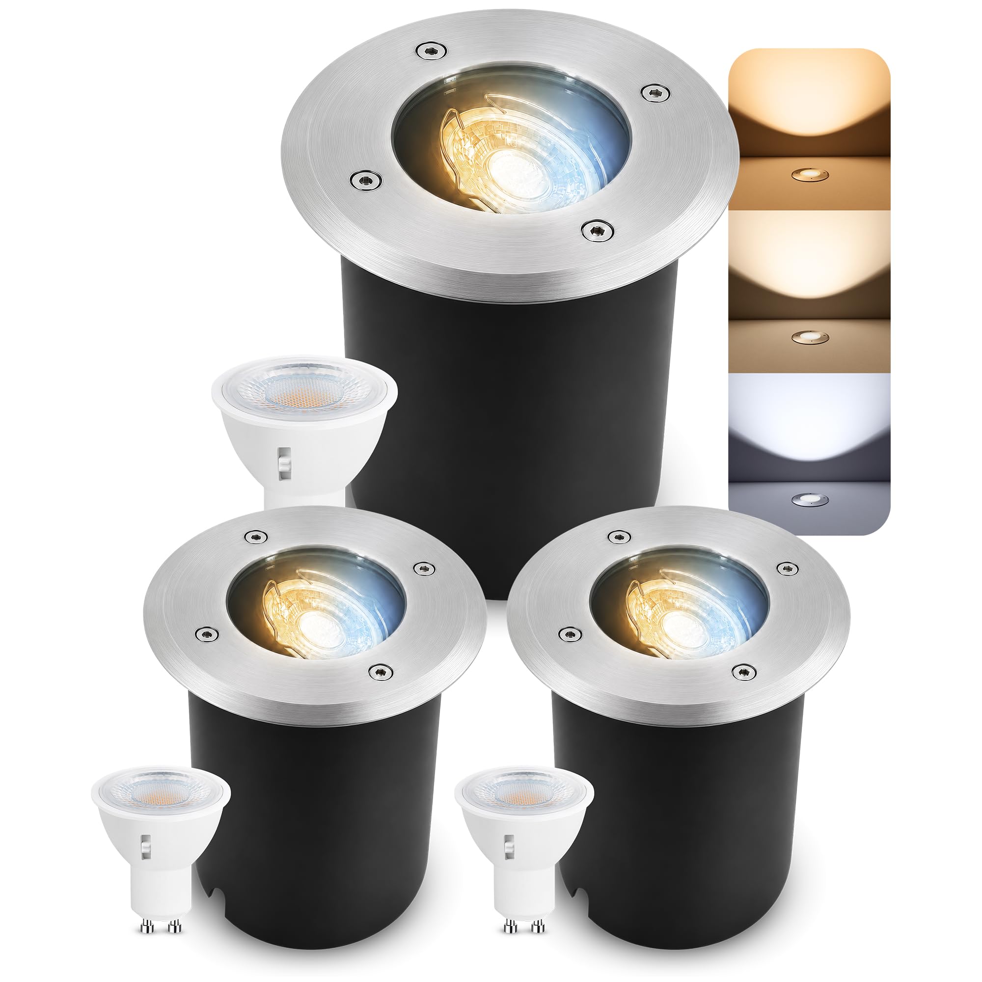 SSC-LUXon 3er Set JUAVI Bodeneinbaustrahler rund IP67 GU10 3 Lichtfarben 3W | Schwenkbare Bodenspots für Wege, Beet & Terrasse - einstellbare Lichtfarbe warm, neutral, kalt - durchschleifbar, befahrbar
