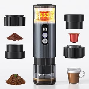 AMZCHEF Cafetera Portatil – 20 Bares, USB-C, Pantalla Digital,Compatible con Cápsulas – Cafetera Portátil Cápsula de Espresso para Viajes, Camping y Oficina,Aluminio Global Recycled Standard