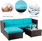 FDW 5 Pieces Outdoor Patio Furniture Sets Sectional Sofa Rattan Chair Wicker Conversation Set Outdoor Backyard Porch Poolside Balcony Garden Furniture with Coffee Table,Blue