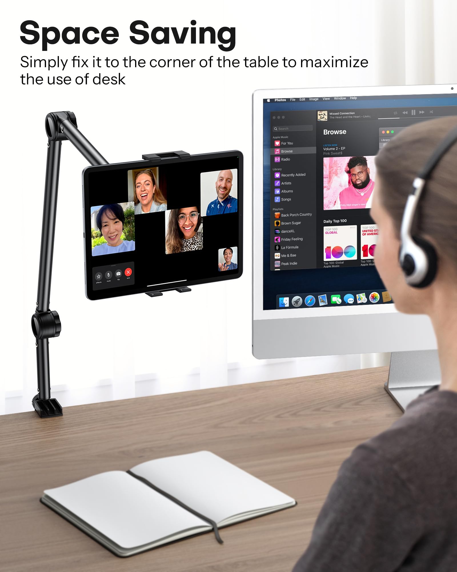OMOTON Soporte de Tablet para Escritorio, Soporte de Tablet Giratorio 360° para iPad, Soporte de Teléfono Ajustable para Cama con Brazo Sólido, para Todos los iPhone/iPad Pro/Tabletas de Menos de 11"