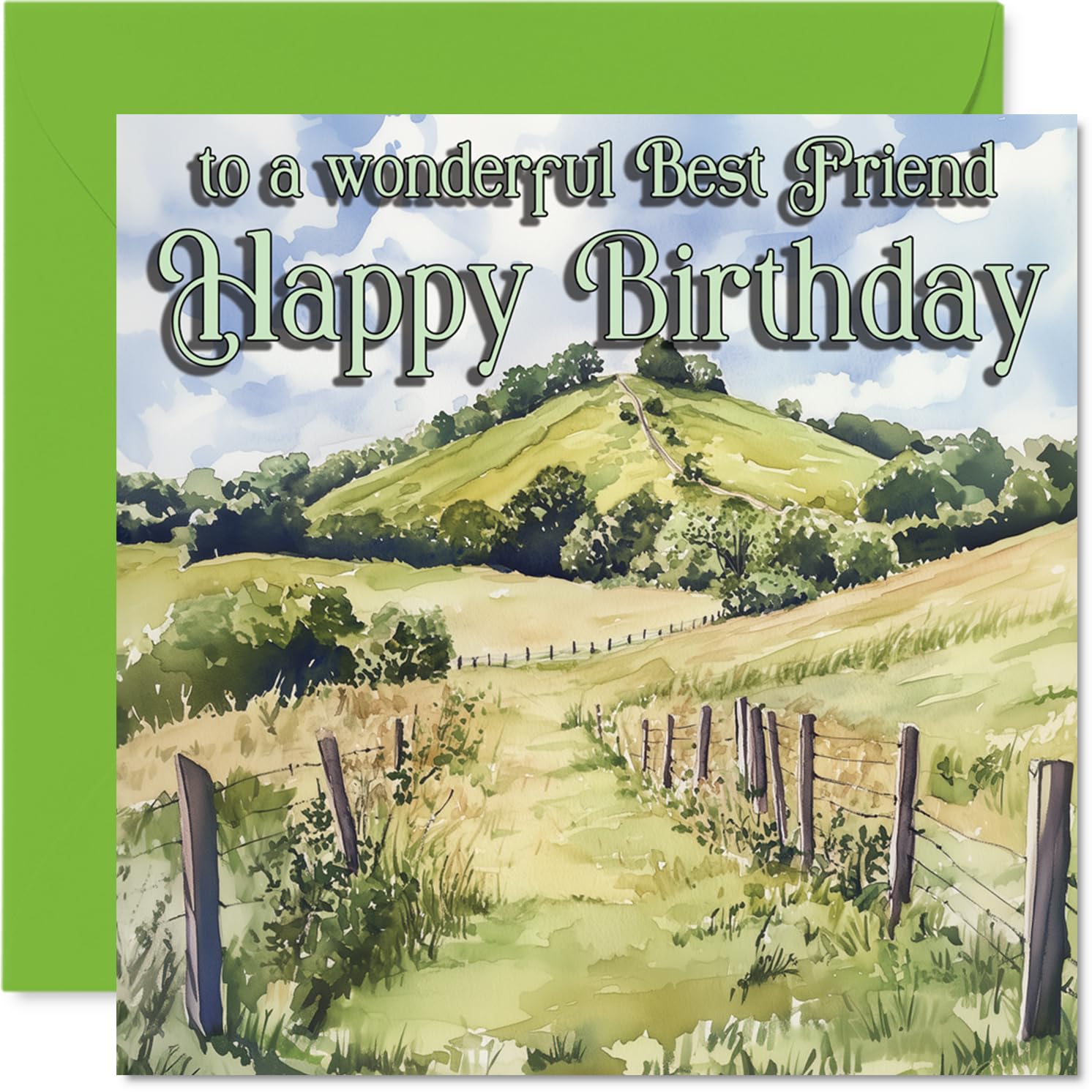 Heartfelt Birthday Card for Best Friend - Warm Wishes on Your Special Day - Serene Landscape with Rolling Hills - Celebrates Lasting Friendship - 145mm Square, Envelope Included