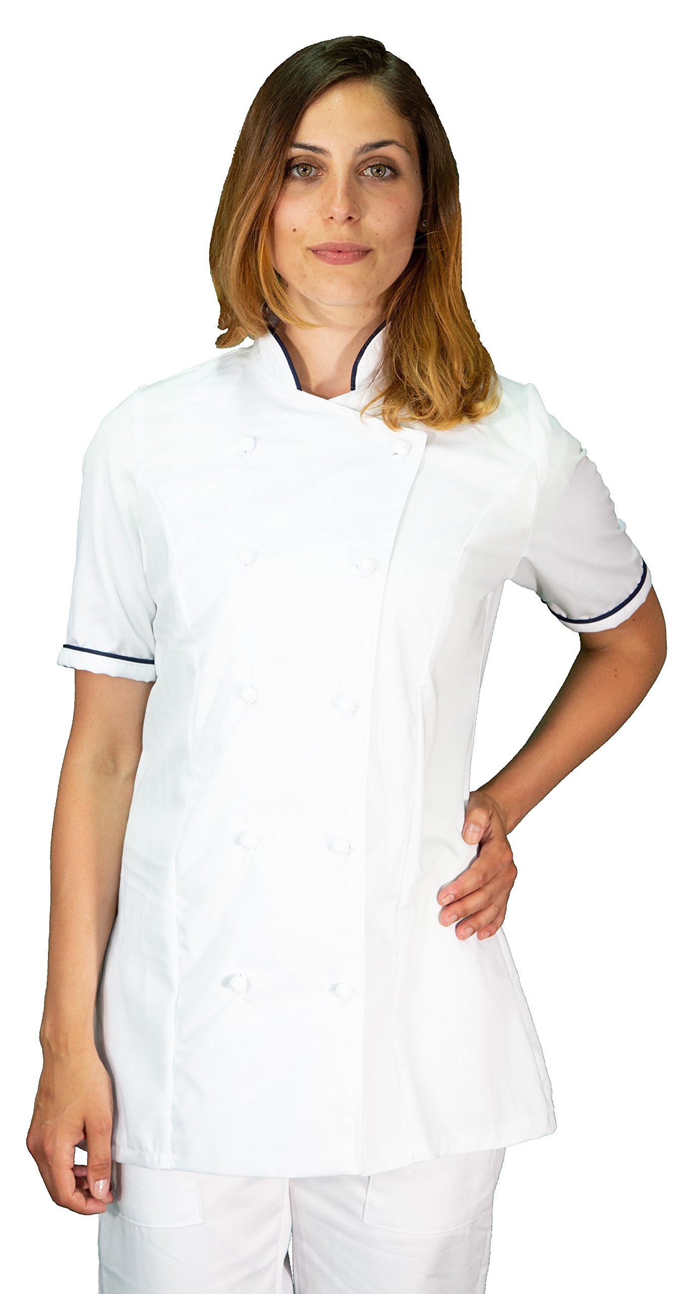 Ricamo Gratuito - Completo Cuoco Donna Bianco e Blu - Divisa Chef Personalizzabile M/C - Giacca, Pantaloni e Grembiule - Uniforme per Cucina e Ristorante - Made in Italy