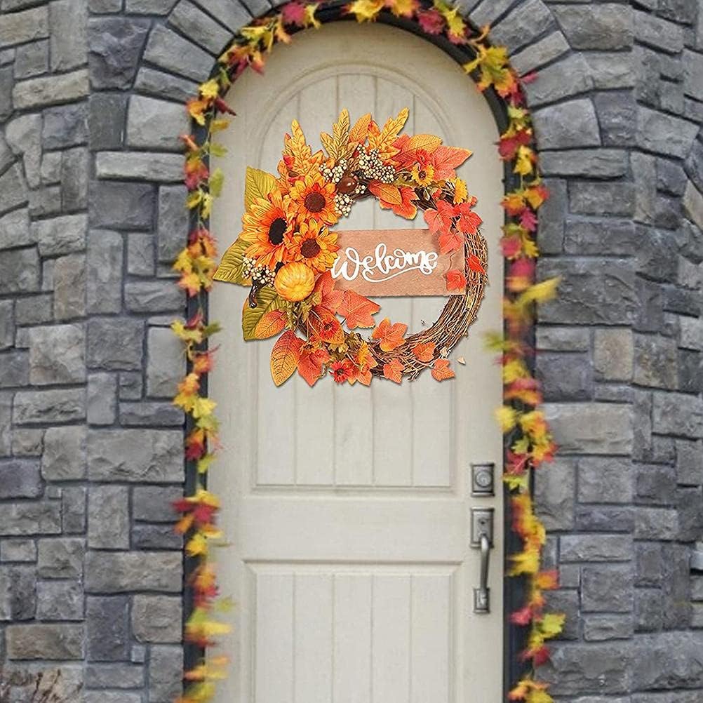 MINGZHE Artificial Autumn Fall Wreath Simulation Maple Leaf Pumpkin Sunflower Halloween Garland Rattan Garland for Autumn Decoration, Artificial Fall Decorations for Home for Indoor Outdoor(15.7in)