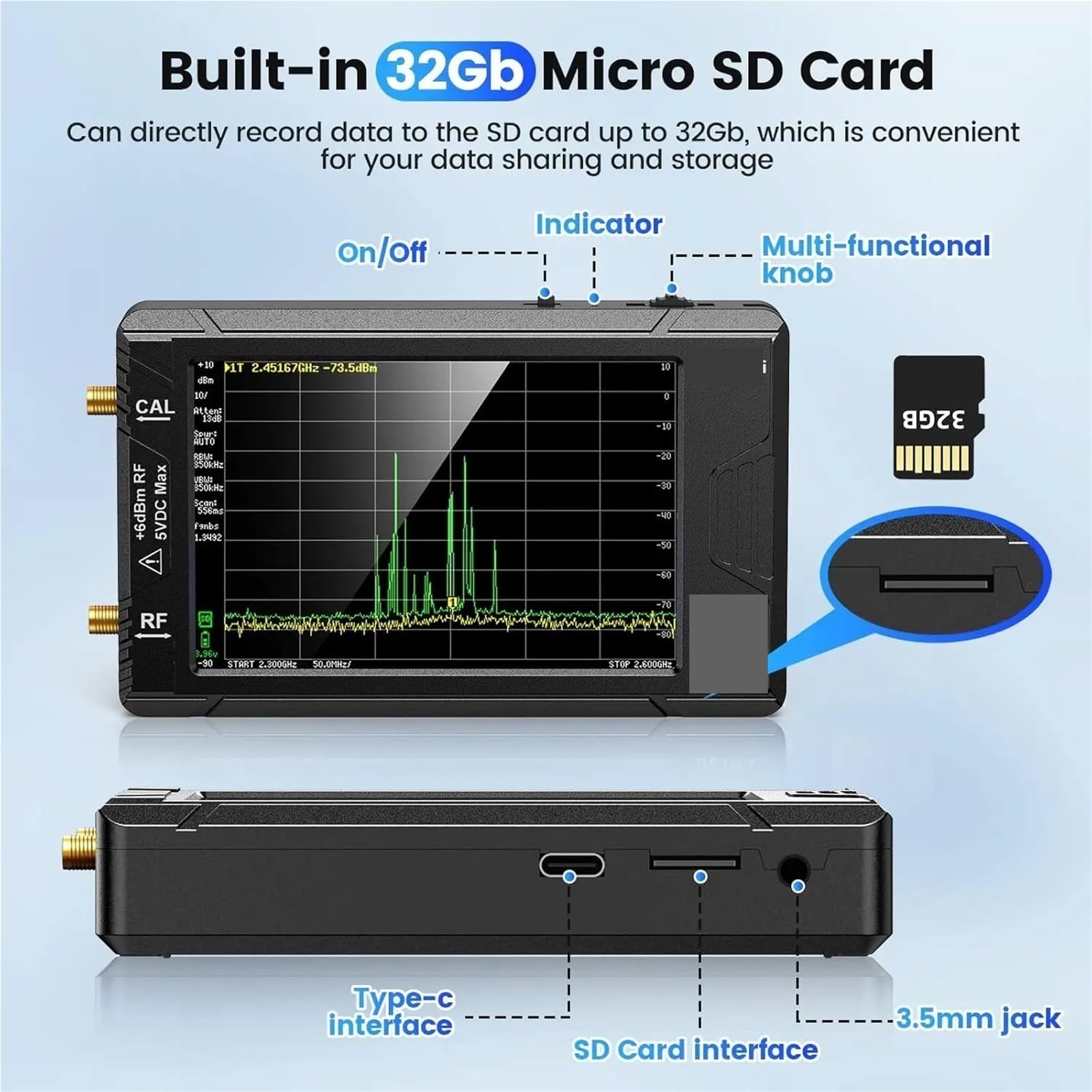 Analizzatore di spettro ULTRA con display da 4" 100 kHz a 5,3 GHz scheda 32 GB, versione V0.4..1, nuovo analizzatore portatile piccole dimensioni Generatore di segnali