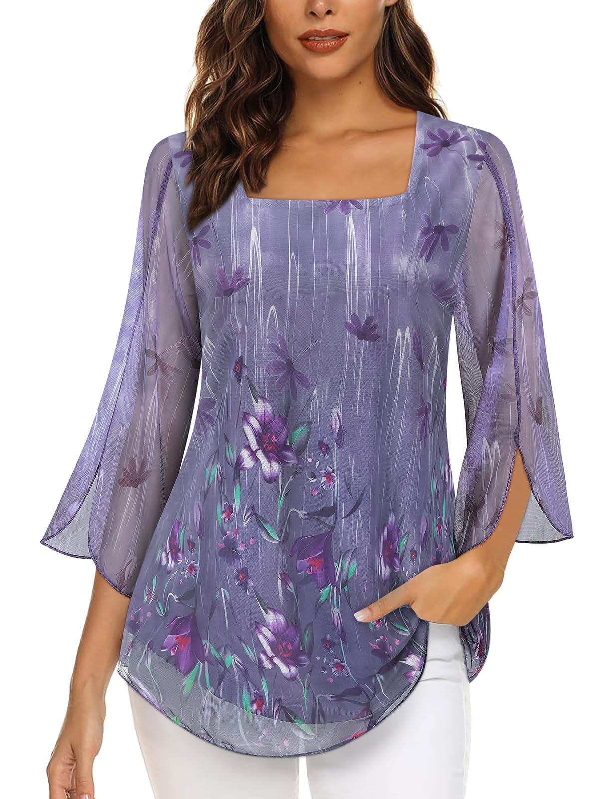 Syphiby Blusas para mujer, con volantes, manga 3/4, holgadas, cuello cuadrado, gasa, camisas de malla de doble capa, tallas M-3XL