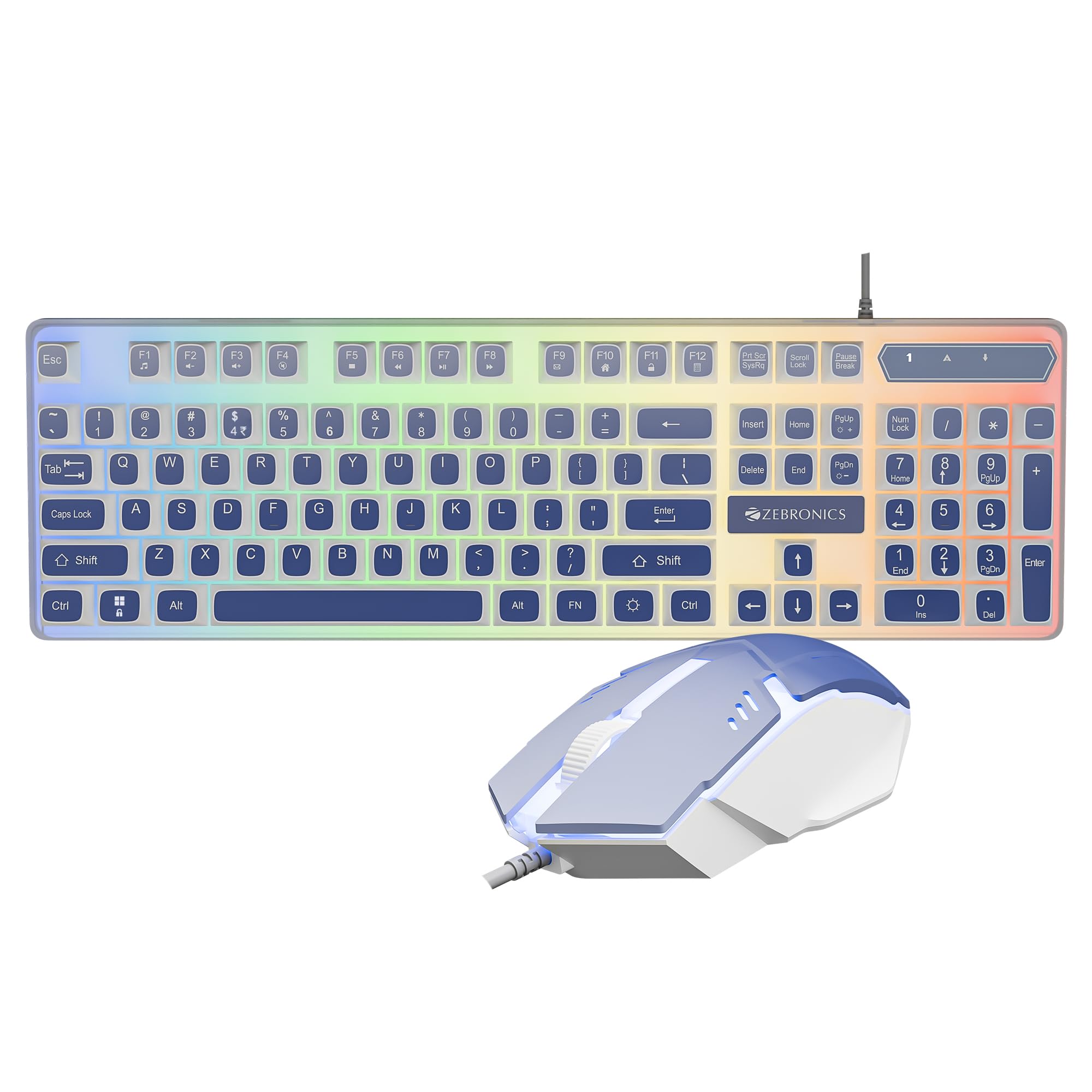 Zebronics Wired Keyboard & Mouse Combo, 104-Key, 1200 DPI, ₹ Key & Multimedia Controls, Ergonomic Mouse, 1.3m Cable, Multicolor LED (War 2, White + Blue)-image-26