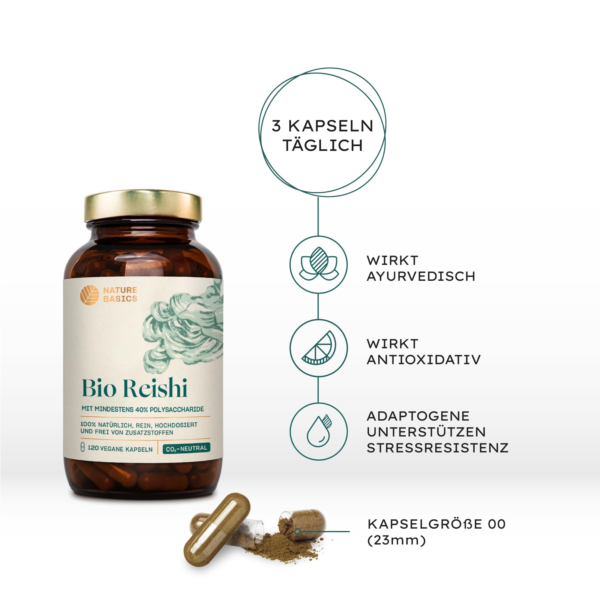 Bio Reishi - 120 Kapseln hochdosiert / 1500 mg hochwertiges Bio Reishi Extrakt mit 600 mg Polysacchariden pro Tagesdosis/Vegan, Zertifiziert & Nachhaltig im Glas