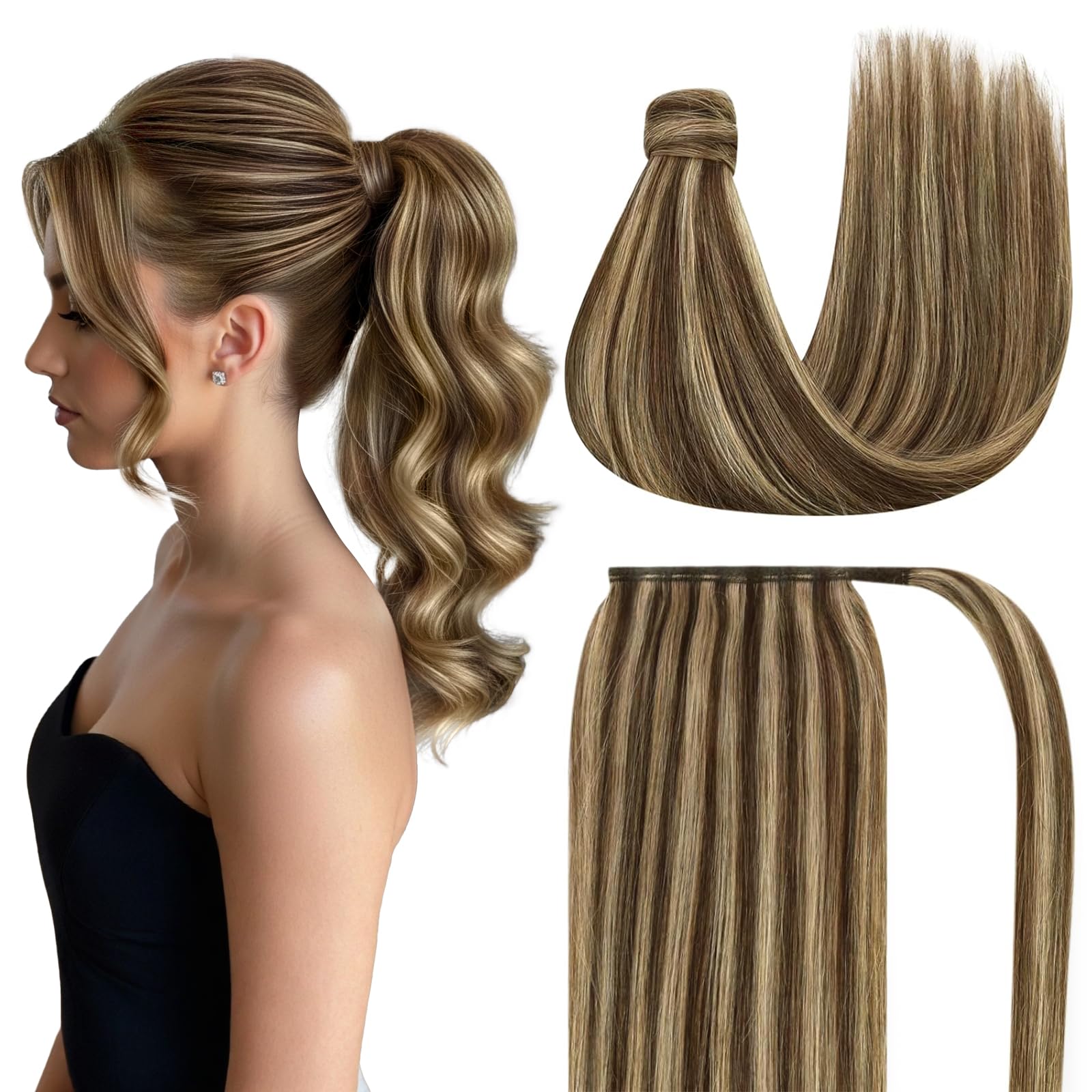 Ve Sunny Hair Extensions Ponytail Real Human Hair Wrap Around Clip in Ponytail Hair Extensions Straight Extensions Human Hair for Women Medium Brown
