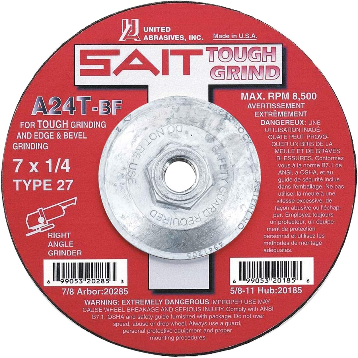 United Abrasives-SAIT 20180 A24T Tough Grind Grinding Wheel 6" x 1/4" x 5/8-11" (Type 27/Depressed Center), 10-Pack
