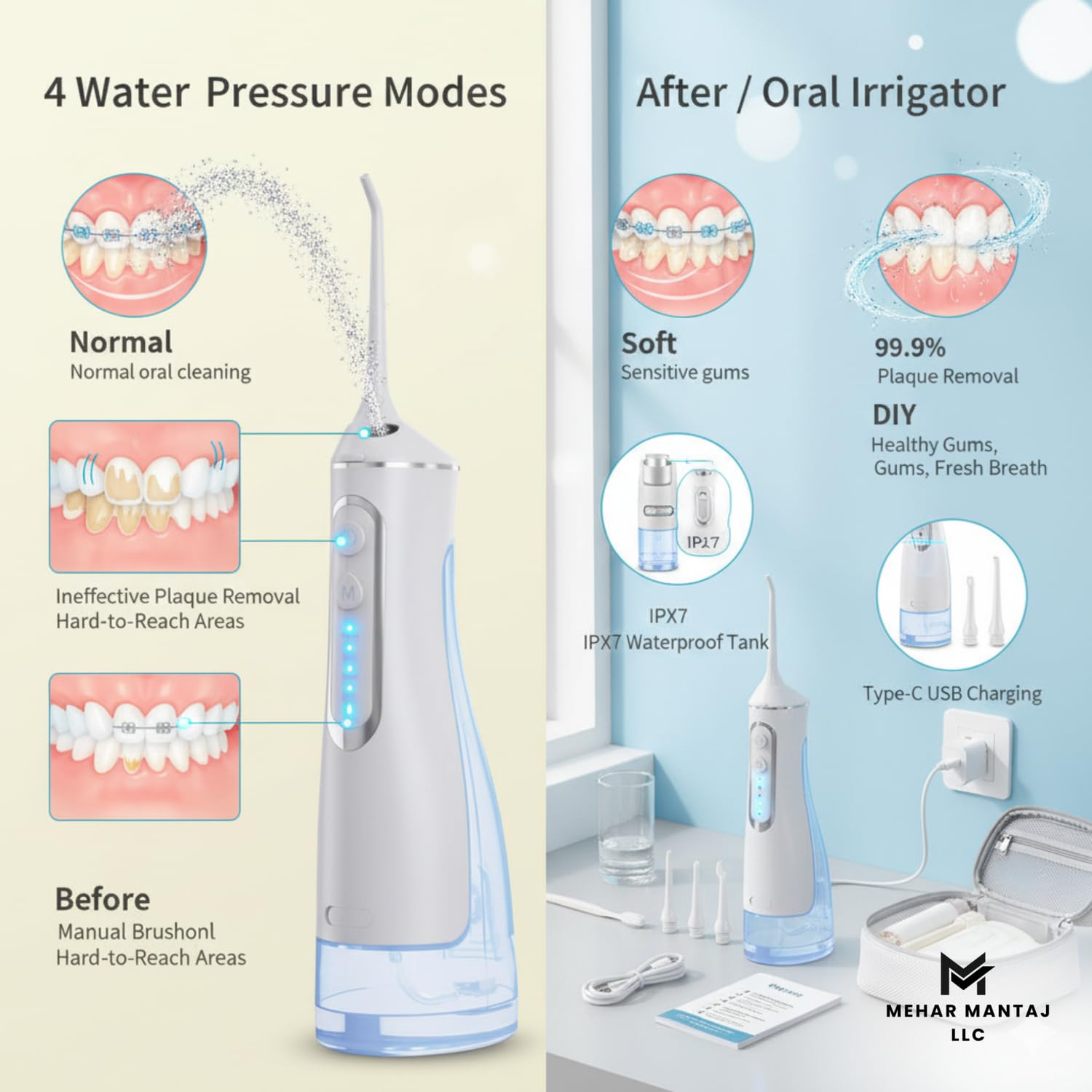 Tragbare schnurlose Munddusche - 320 ml Wasserflosser mit 3 Modi, IPX7 wasserdicht, USB Type-C wiederaufladbar, 1400-1800 Impulse/Min - Dental Wasserstrahl für Zähne, Zahnfleisch, Zahnspange & Reisen