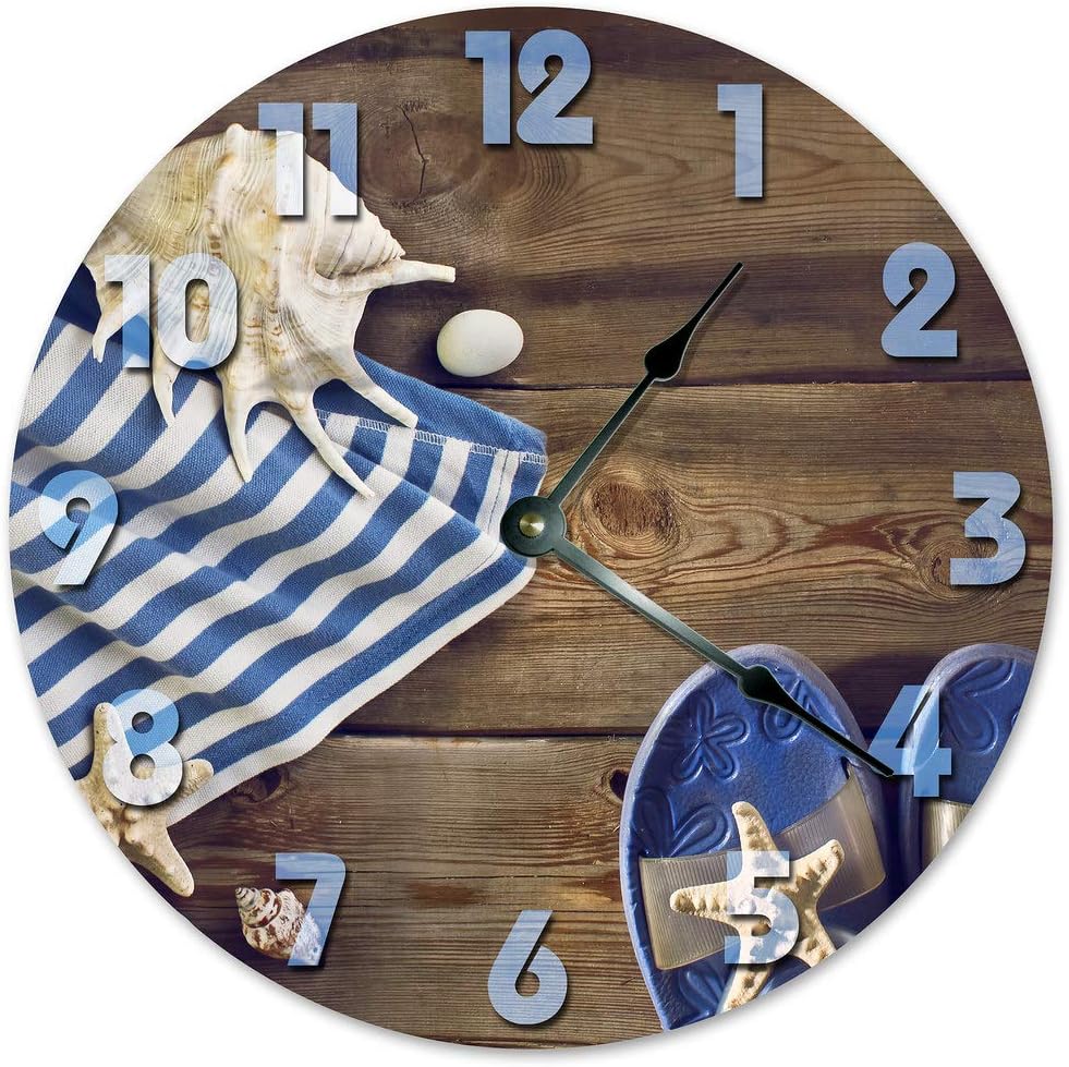 Umbrella and Sandals Beach Clock Large 10.5" Wall Clock Decorative Round Ocean Clock Home Decor Novelty Clock Beachy Ocean Clock