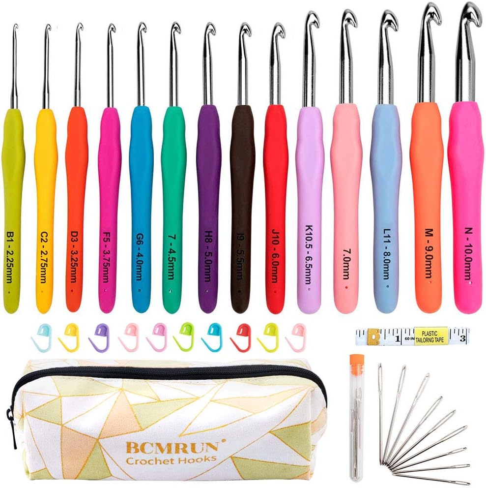 BCMRUN Crochet Hooks Set,14 PCS 2mm(B)-10mm(N) Ergonomic Soft Grip Handles Yarn Knitting Needles Kit with Case for Arthritic Hands, Extra Long  Knit Needles, Best Gift for Women