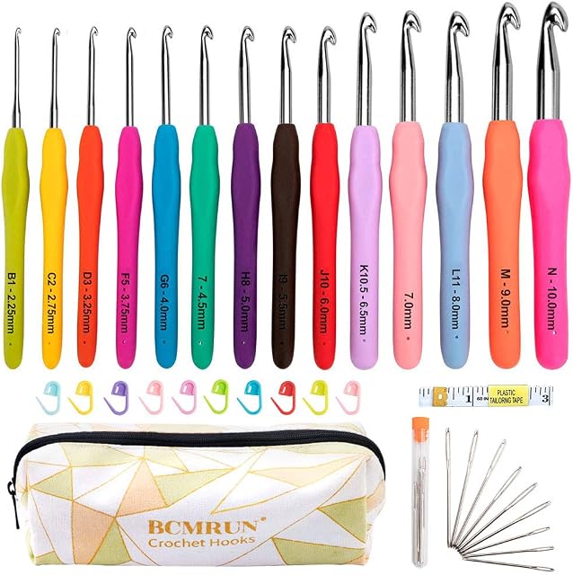BCMRUN Crochet Hooks Set,14 PCS Ergonomic Soft Grip Handles Knitting Needles Kit with Case for Arthritic Hands,2mm-10mm Extra Long Knit Needles, for Women Kids(Colorful) (A) (14) (14)
