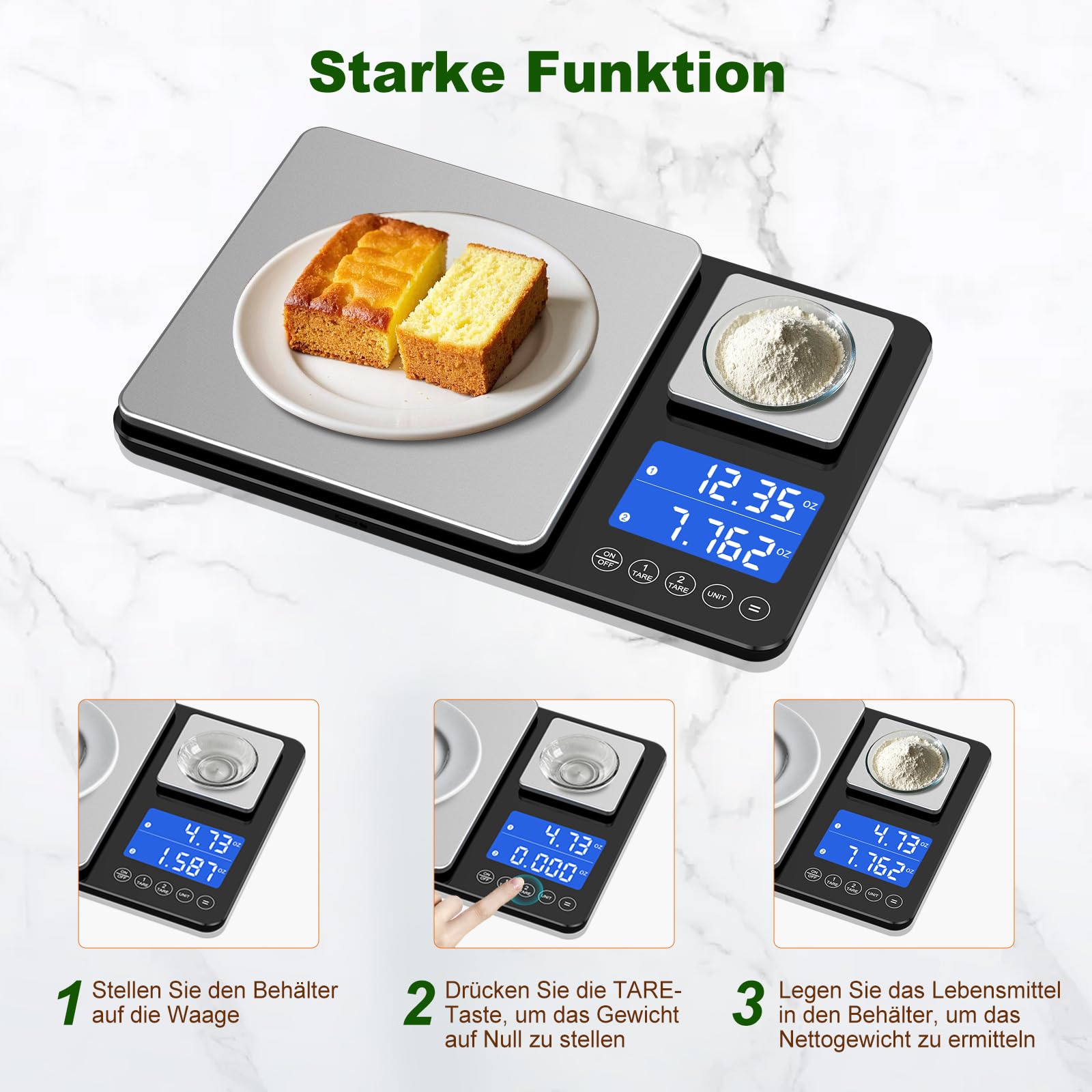 BRICH Balance de cuisine numérique avec double plate-forme – 500 g/0,01 g et 15 kg/1 g de précision, fonction de somme, 7 unités, acier inoxydable et verre, éclairage LCD – Idéal comme échelle