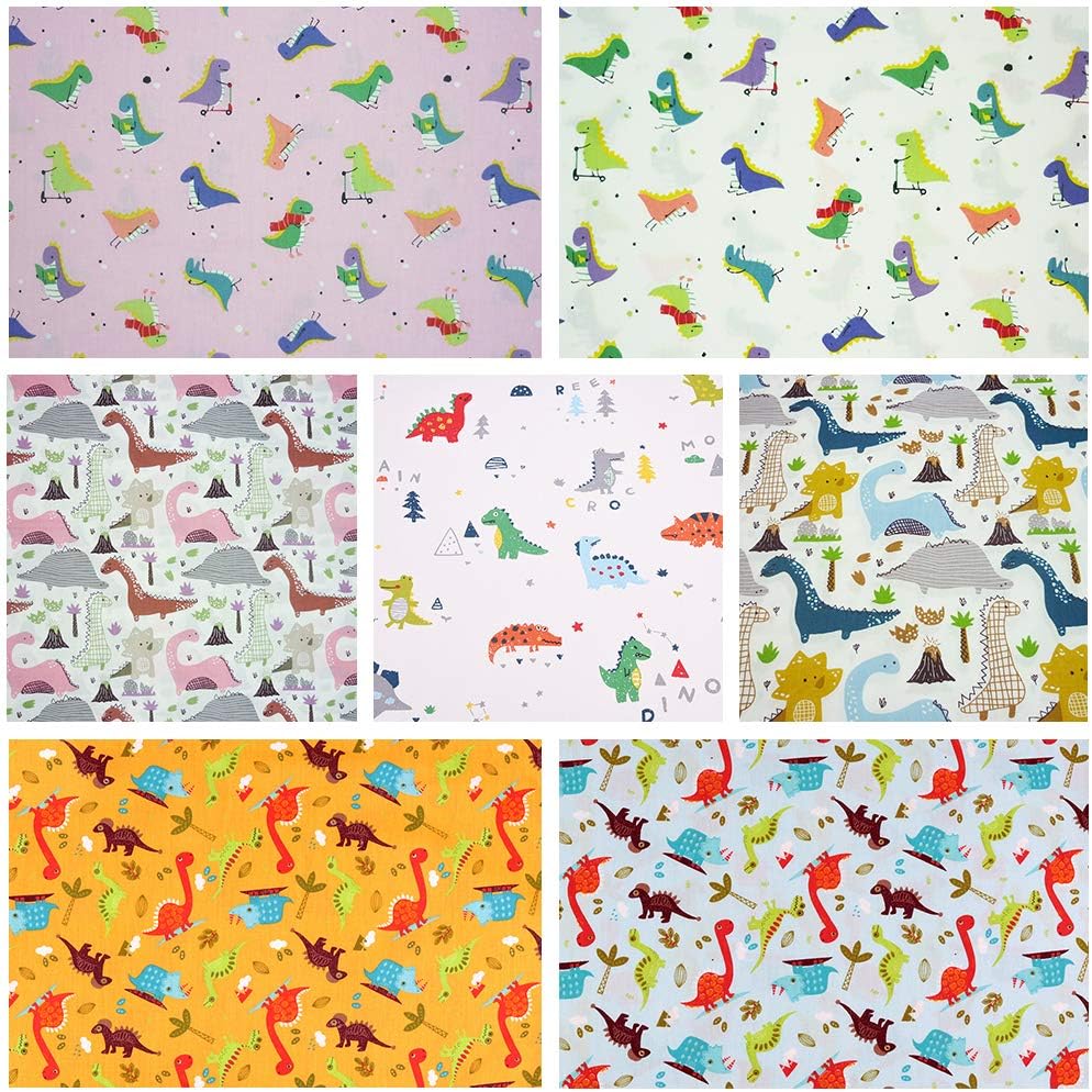 7Pieces Fat Quarters Quilting Fabric Bundles, 46x56cm Top Cartoon Dinosaurio Printed Cotton Fabric for Quilting Sewing Patchwork,18" x 22"