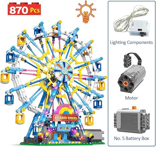 Miniatura 4 de Benuefe Juego de bloques de construcción de rueda de fortuna giratoria con kit de iluminación, kits de construcción de parque de atracciones de