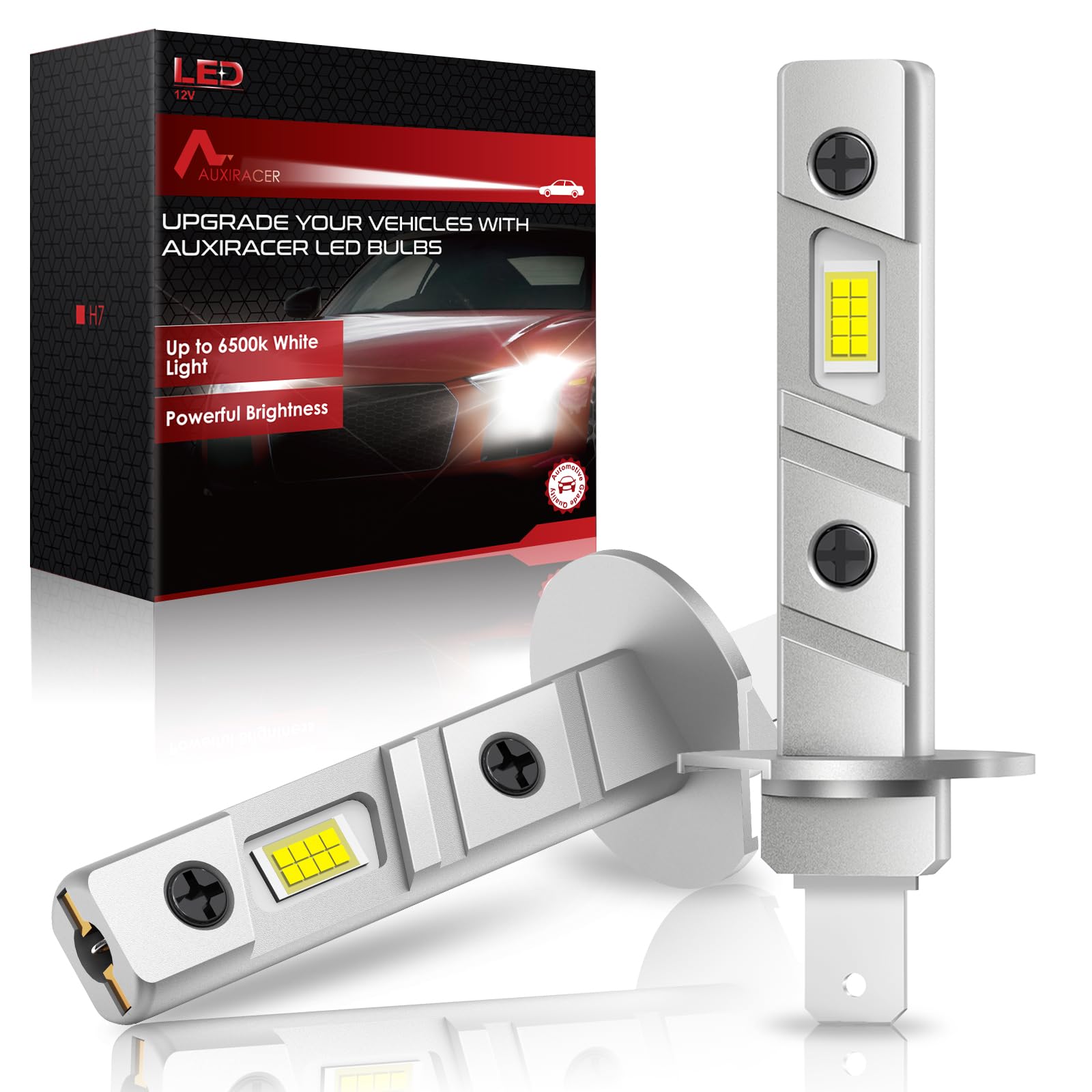 AUXIRACER H1 LED sans Polarité,30000LM 50W 6000K Blanche Phares LED H1 Voiture,Remplacement Halogène pour Feux de Route et de Croisement,Mini Kits Universels d'ampoules H1 IP68 Étanche,2 Pièces