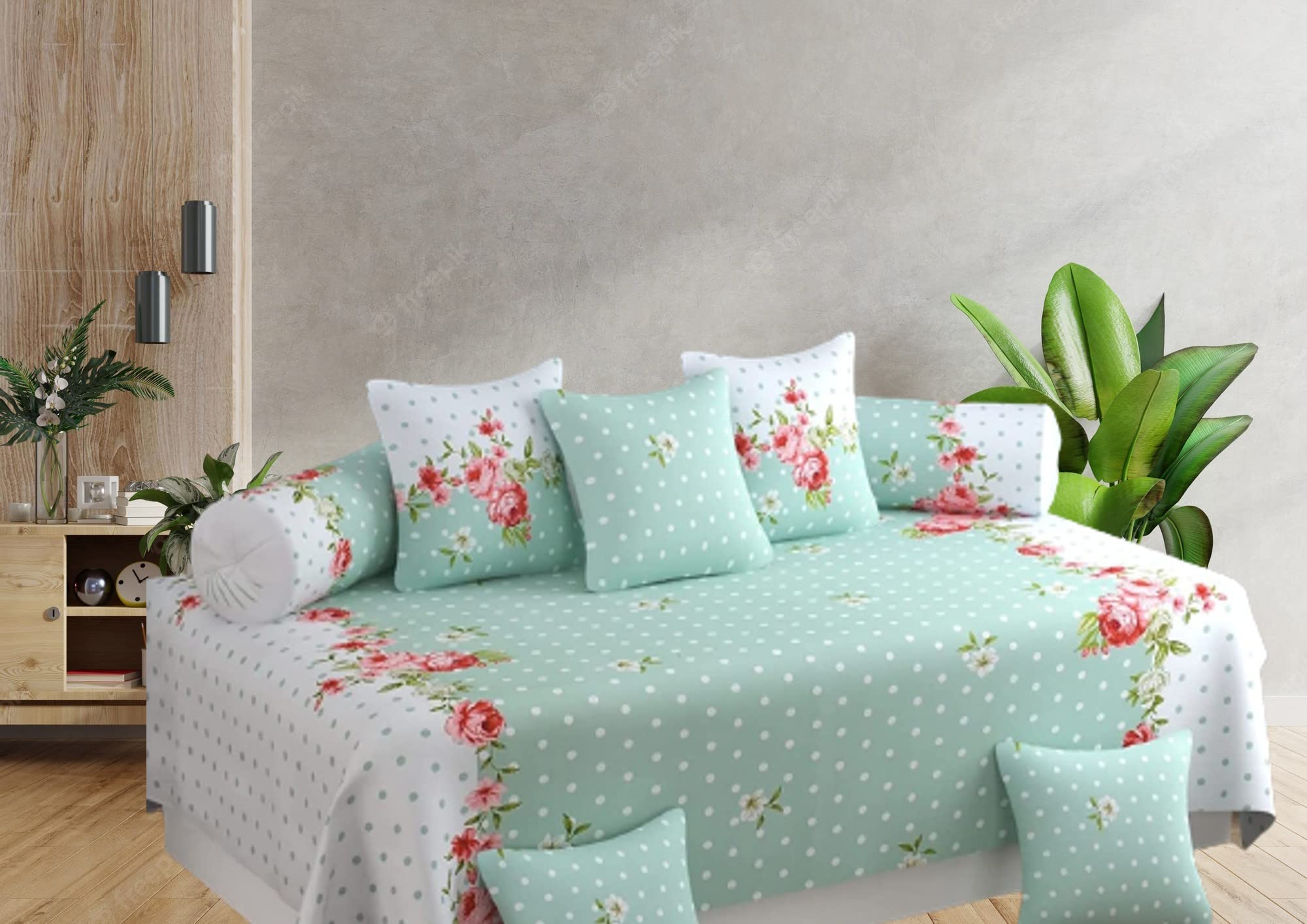 IVAZA Printed Designer Cotton Diwan Set with 6 Pieces, 1 Single bedsheet with 3 Cushions Covers and 2 Bolster Covers with Attractive (Green)-picture-29