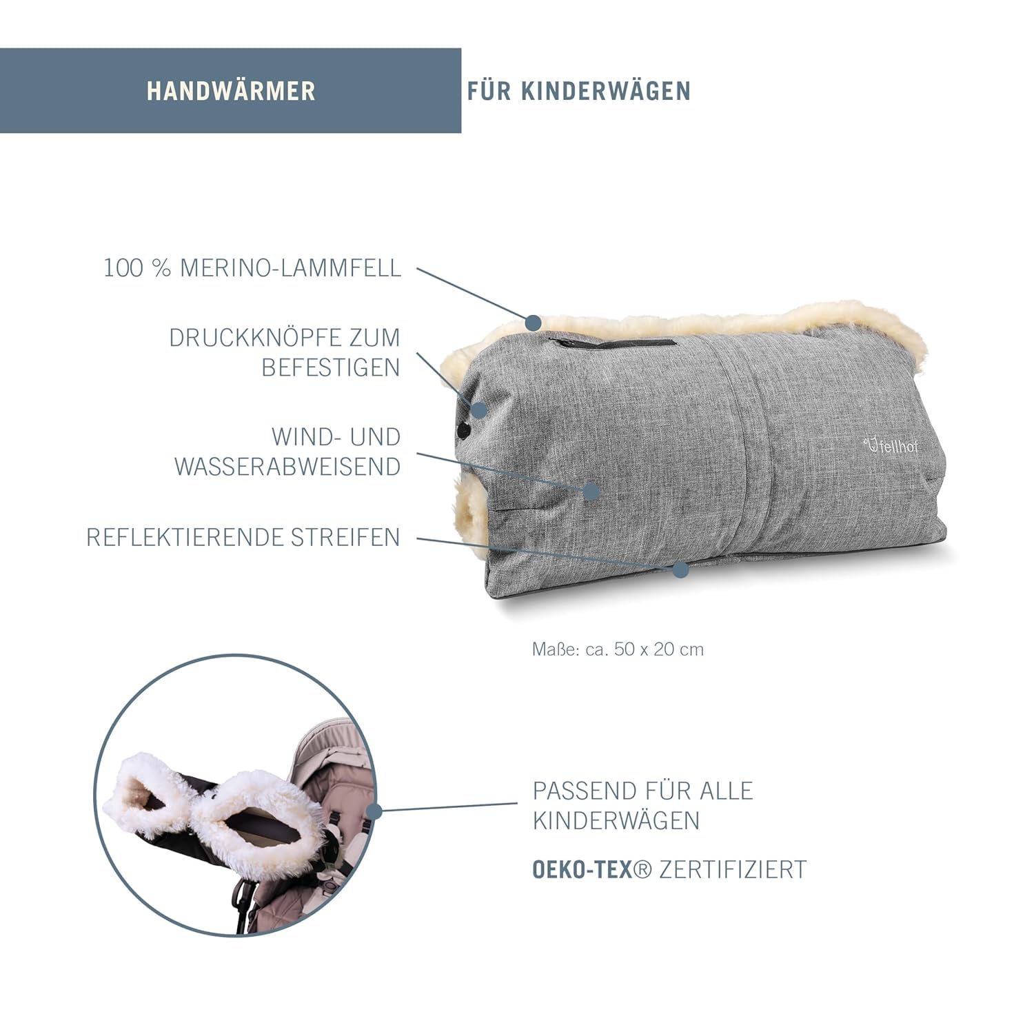 Fellhof Kinderwagen Handwärmer, 100% Merino-Lammfell, wind- u. wasserabweisend, reflektierende Streifen, OEKO-TEX zertifiziert, Universalgröße für alle Kinderwagen (Black-melange)