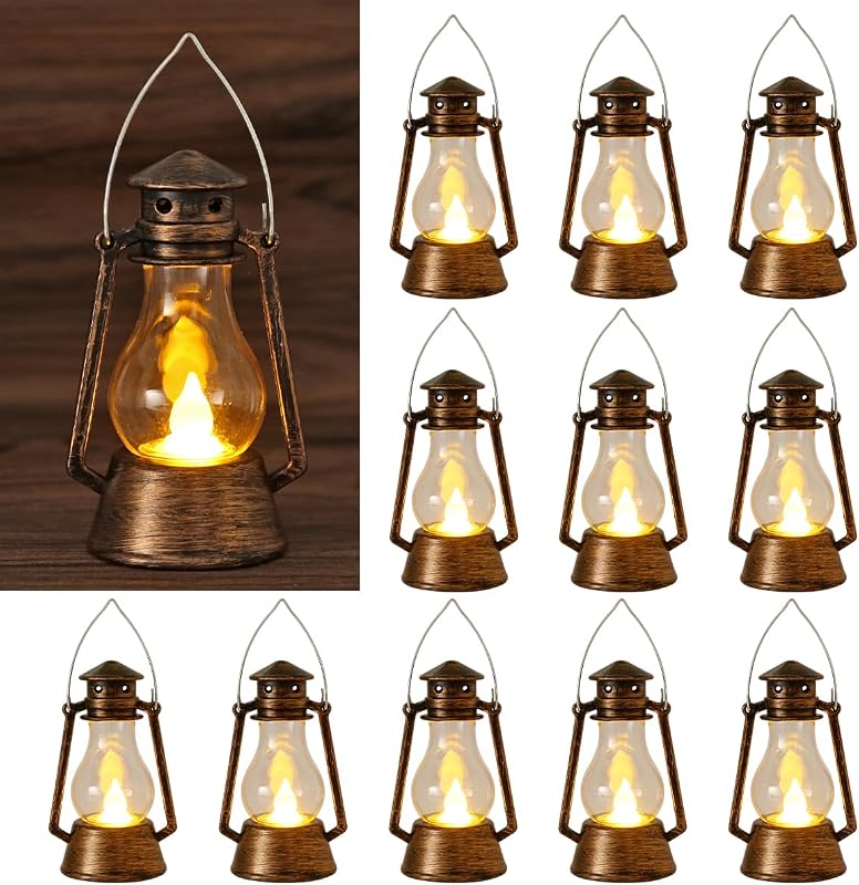 12 piezas LED mini linternas vintage decoración interior decorativa exterior colgante linterna decorativa pequeña vela linternas decoración de granja para centro de mesa de boda, Halloween, Navidad, decoración de granja