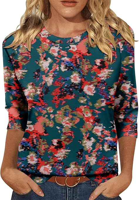 KISSMODA Tunic Tops for Women Loose Fit Dressy Round Neck Pleated 3/4 Length Sleeve Spring Tops