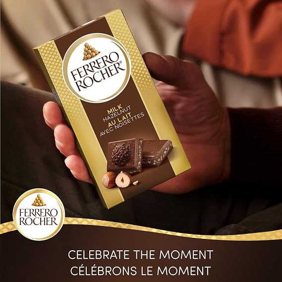 FERRERO ROCHER Premium Chocolate Bar, Milk Chocolate and Hazelnut Bar, 8 bars, 720 g