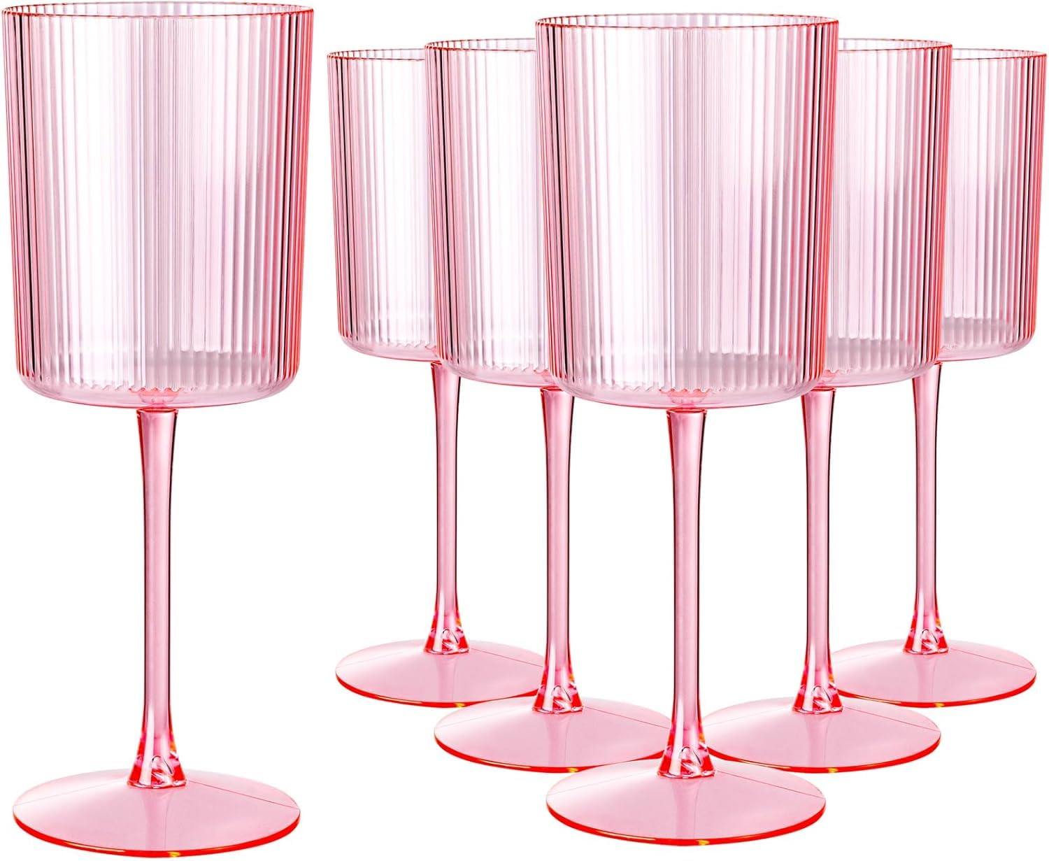 Photo 1 of Ciaell 12 PCS Pink Plastic Ribbed Wine Glasses - 10 OZ Plastic Square Wine Glasses with Stem - Disposable Champagne Cups for Parties & Weddings
