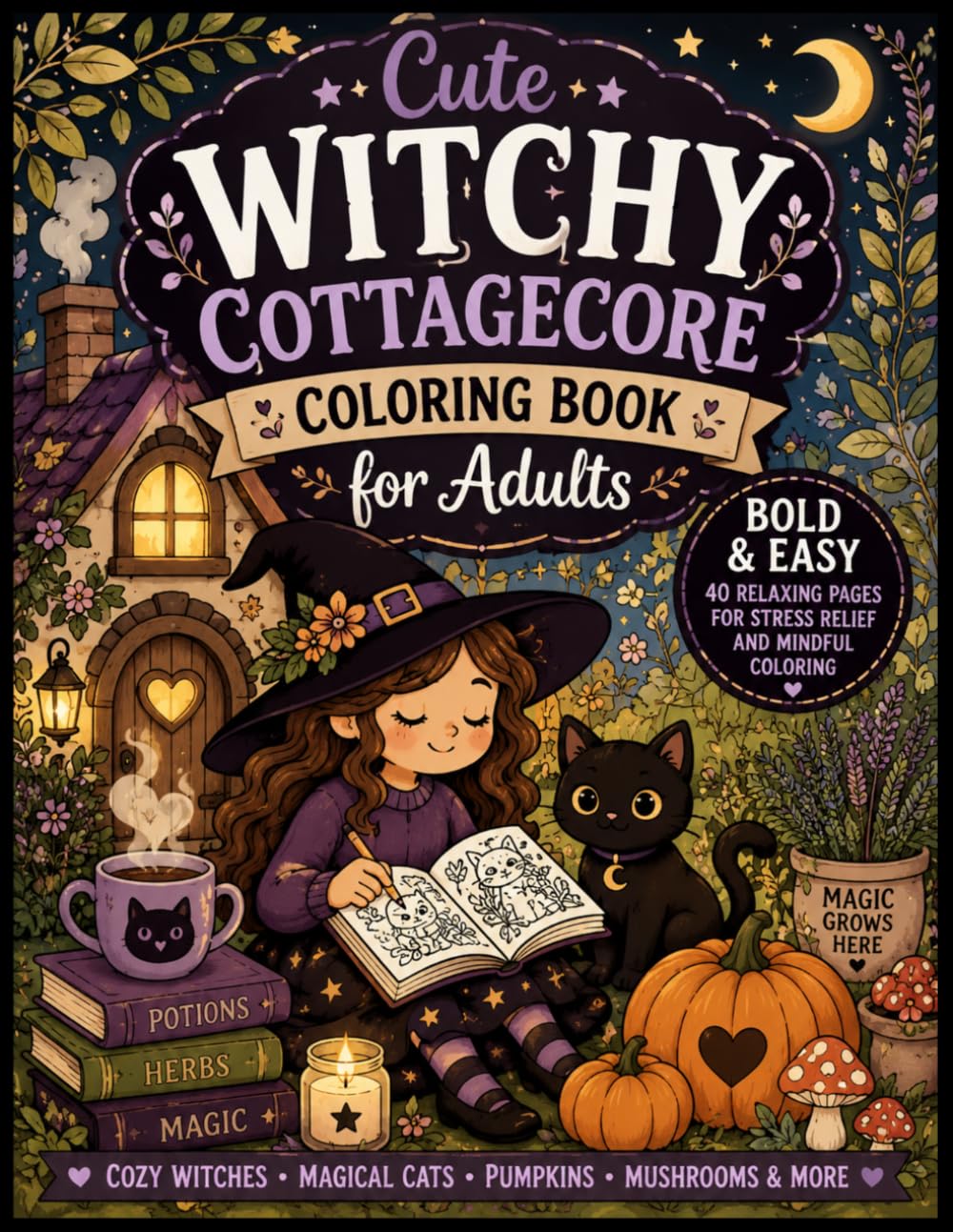 Cute Witchy Cottagecore Coloring Book for Adults: Bold and Easy Fantasy Coloring Pages for Stress Relief, Relaxation and Cozy Autumn Vibes