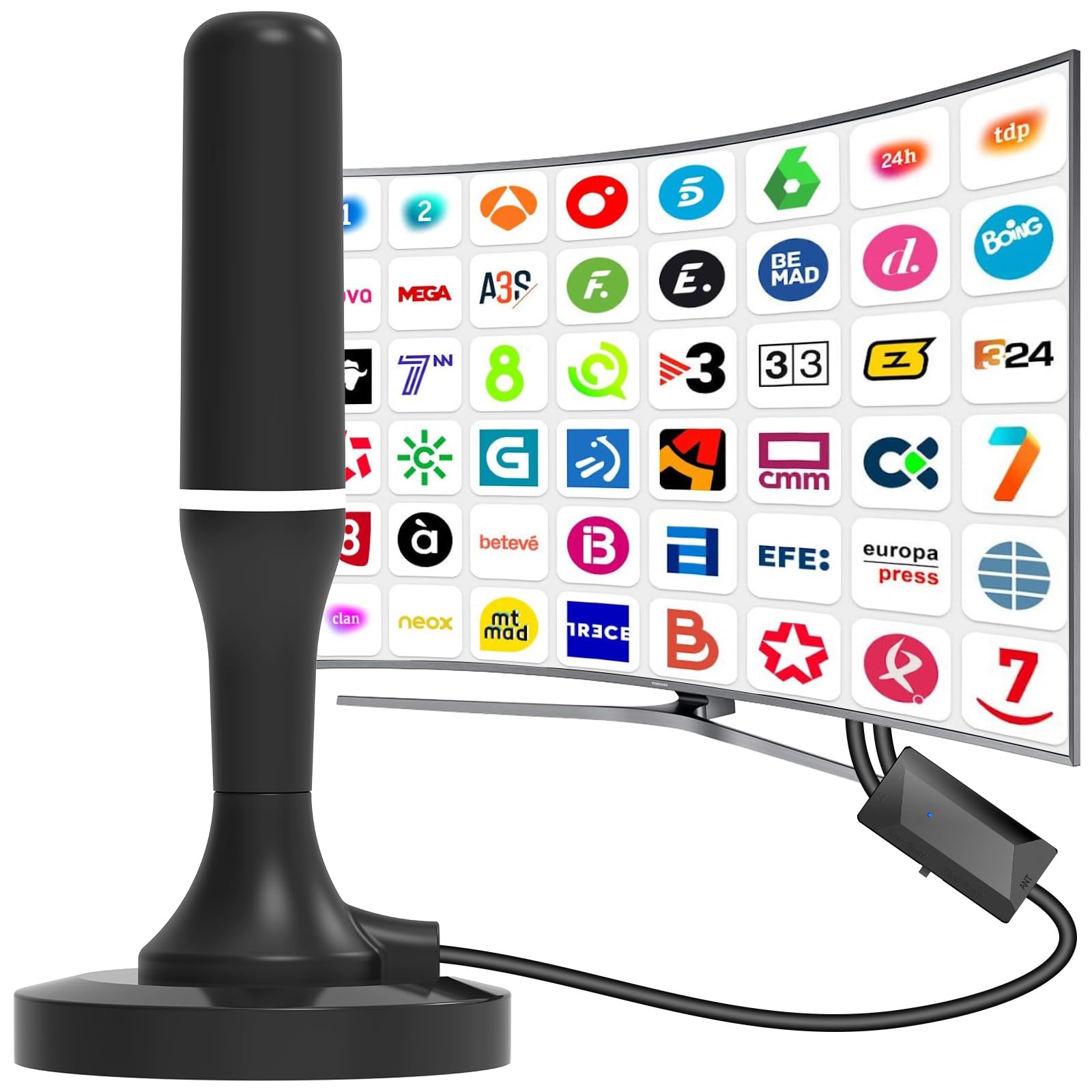 Antena TV Interior Potente Base Magnética, Amplificador Ajustable 360° TDT | Antena de TV interior amplificador regulable, recepción 360° VHF/UHF. Compatible TDT DVB-T/T2, 4K/1080p