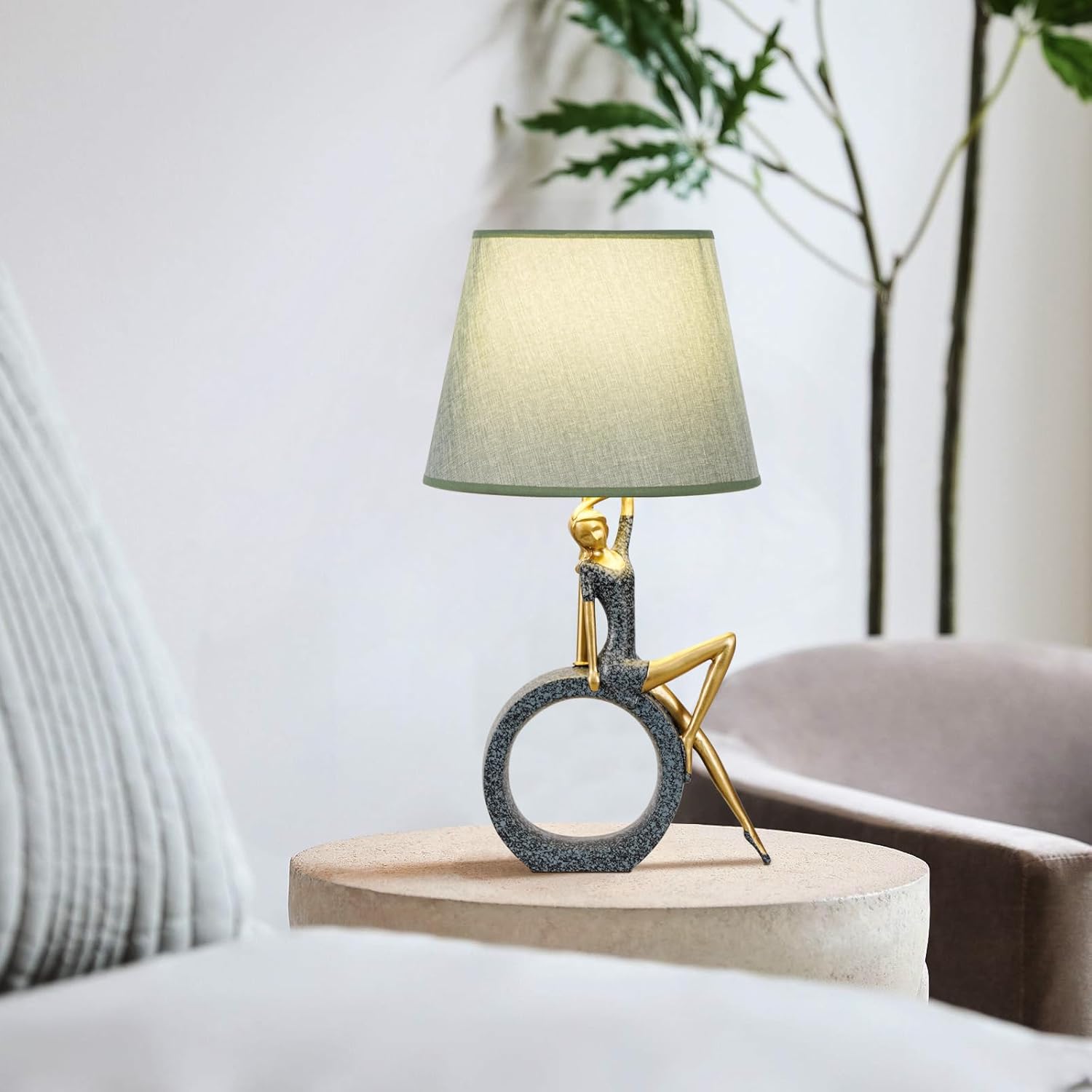 Girl Artwork Decorative Table Lamp, 19 inch Modern Bedside Lamp with Linen Shade, Blue and Gold Resin Base, LED Bulbs Included (Blue)