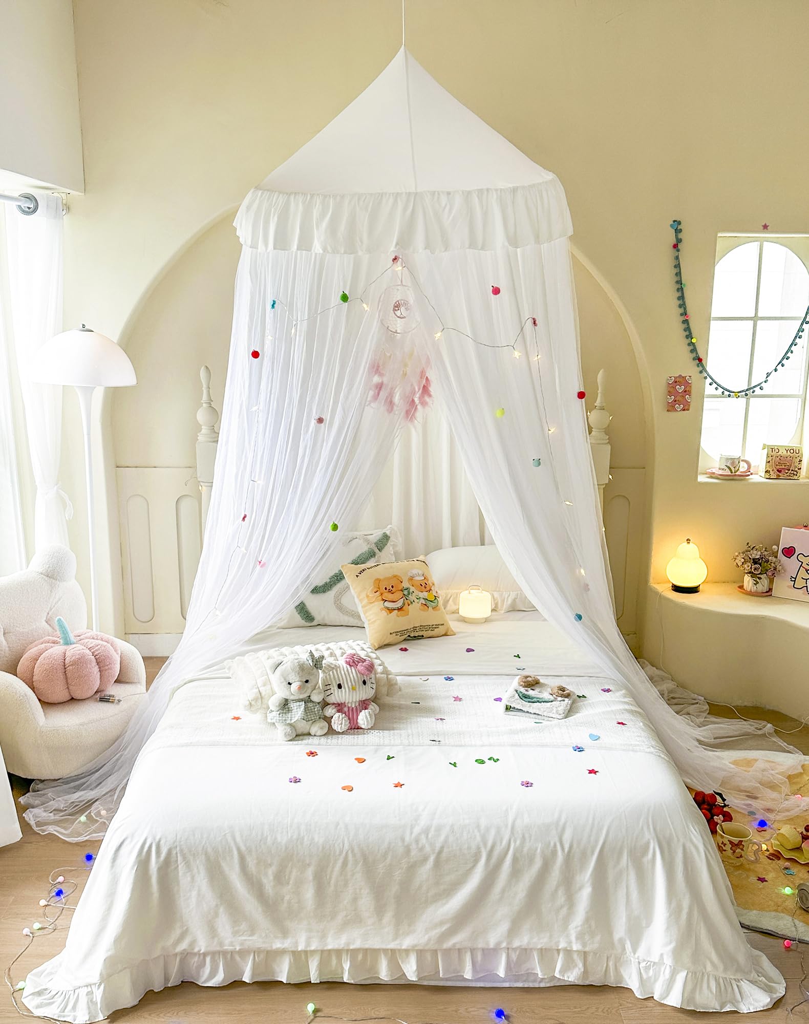 Bed Canopy for Girls with Star Lights, Round Dome Pincess Canopy Bed Curtains , Elegant Double Layer Mosquito Net, Girls Play Tent, Kids Reading Nook Canopies, Dreamy Bedding for Girls Room Decor