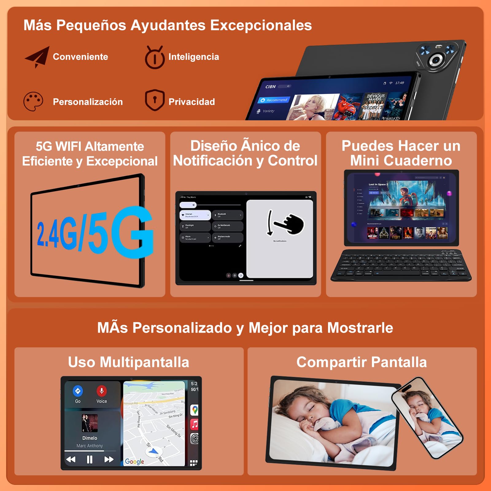 Tablet 30GB RAM 128GB ROM(TF 2TB Expandible), 10 Pulgadas 8000mAh/ WIFI 5G/ BT5.0/ OTG/ GPS, Cámara 5+8 MP, Certificación GMS, Widevine L1, Tableta de Cuerpo Metálico con Funda Protectora -Negro