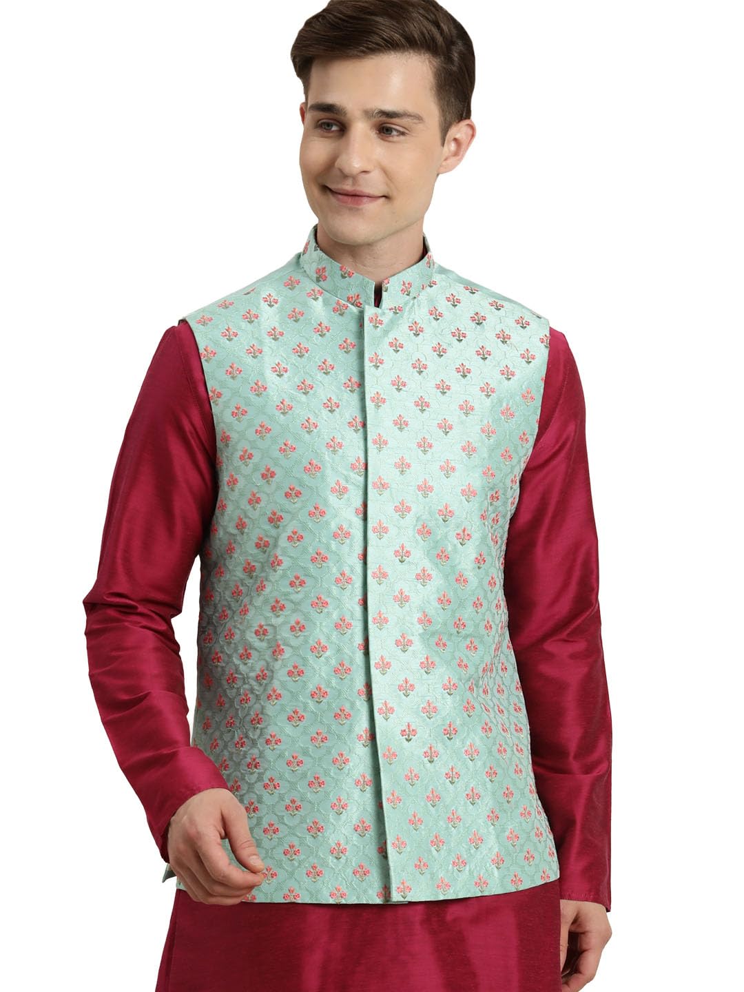 vastramay Men's - Nehru Jacket, Mirror Work Silk Blend Nehru Jacket With Thread Work, Traditional Indian Festive & Ethnic Wear-picture-15