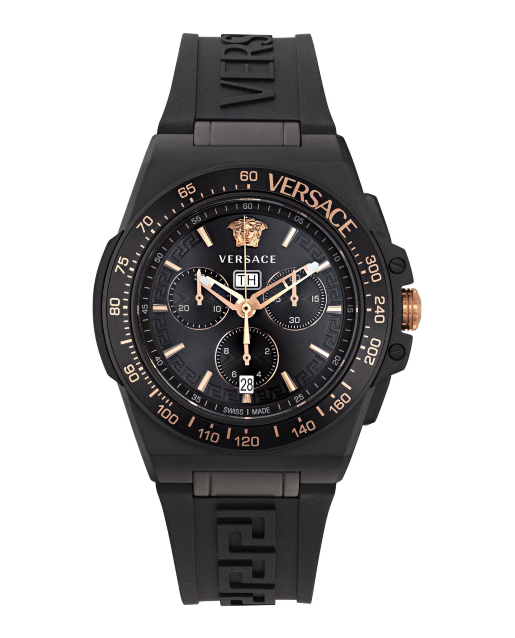 Versace Greca Extreme Chrono Collection Luxury Mens Watch Timepieces with a Black Strap, Case and Dial
