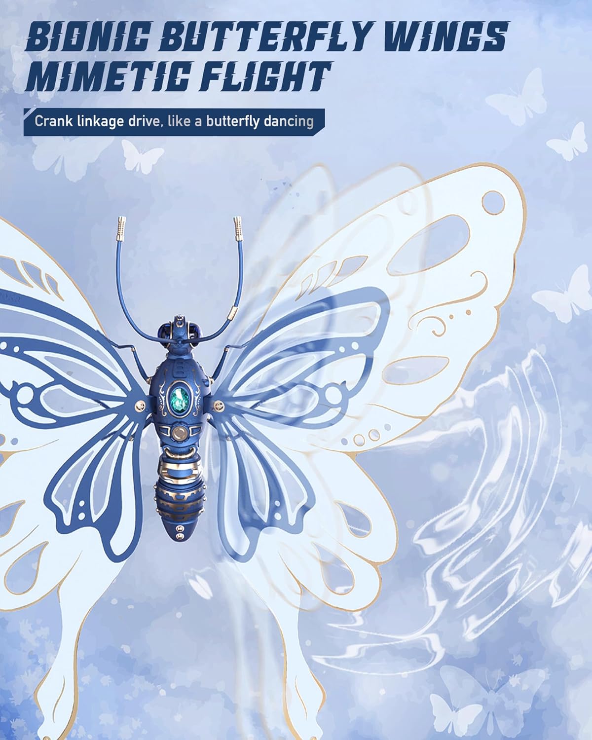 Close-up of the butterfly's wings and body, highlighting the mechanical design for mimetic flight.