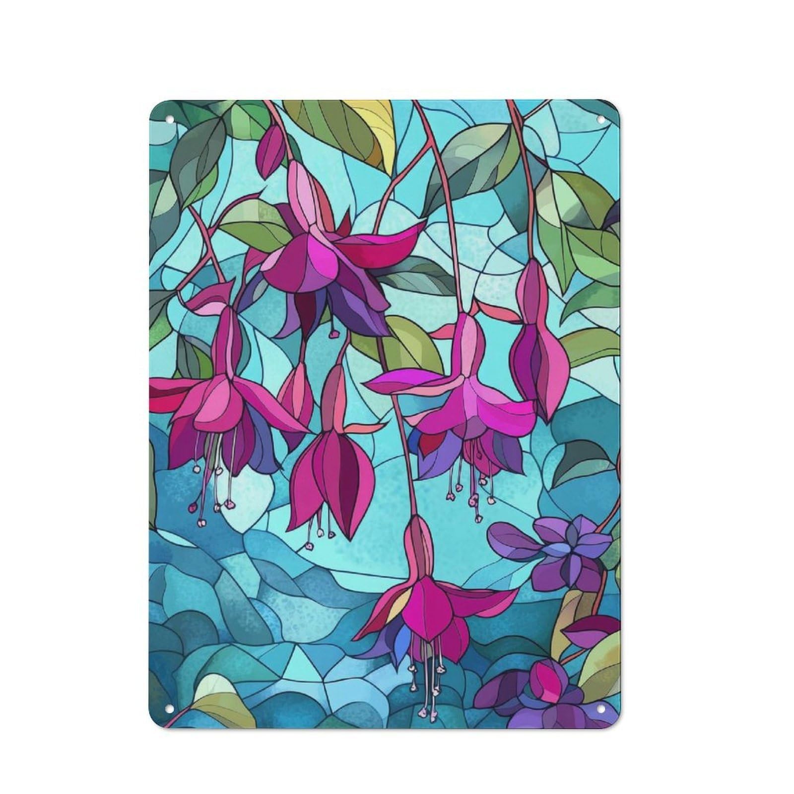Junmoney Style-1 Metal Wall Sign 40X30cm Featuring Fuchsia Flowers Stained Glass For Living Room Wall, For Feature Wall Decorators