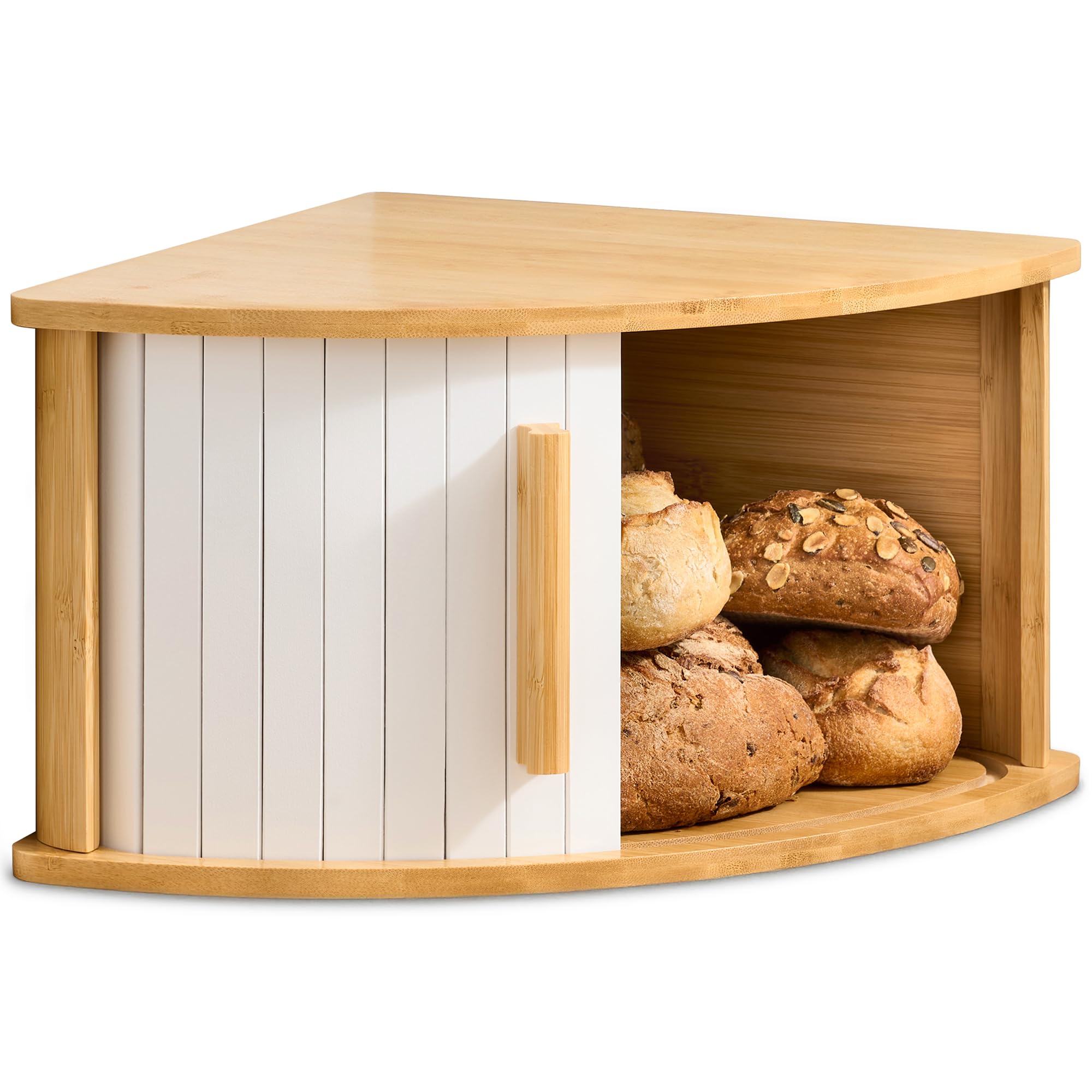Praknu Corner Bread Bin with Sliding Door – Space-Saving Bread Box – Keeps Bread Fresh Longer (White) – Easy Assembly with Instructions