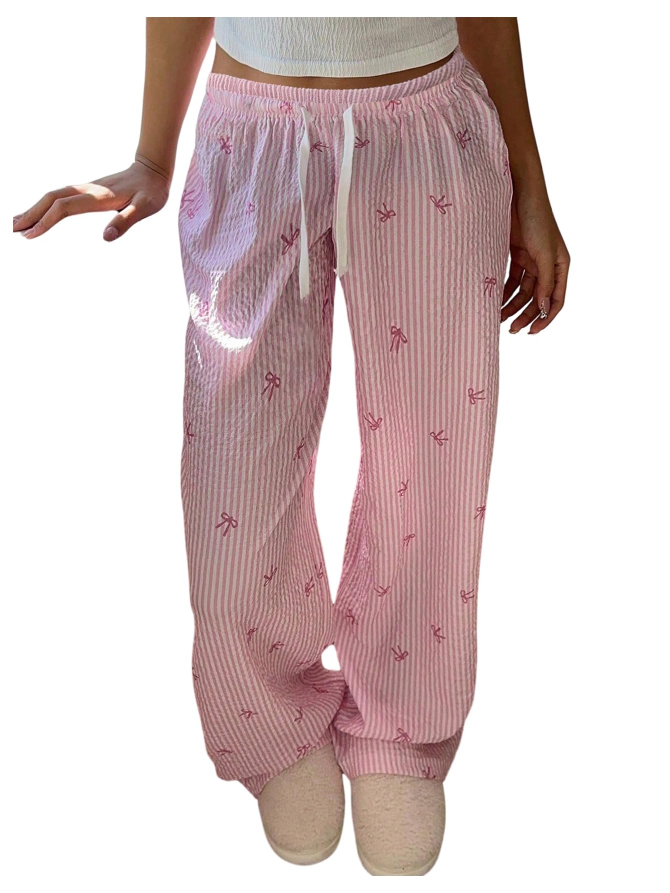 SHENHE Girls Striped Bow Wide Leg Pants Drawstring Cute Casual Loose Trousers