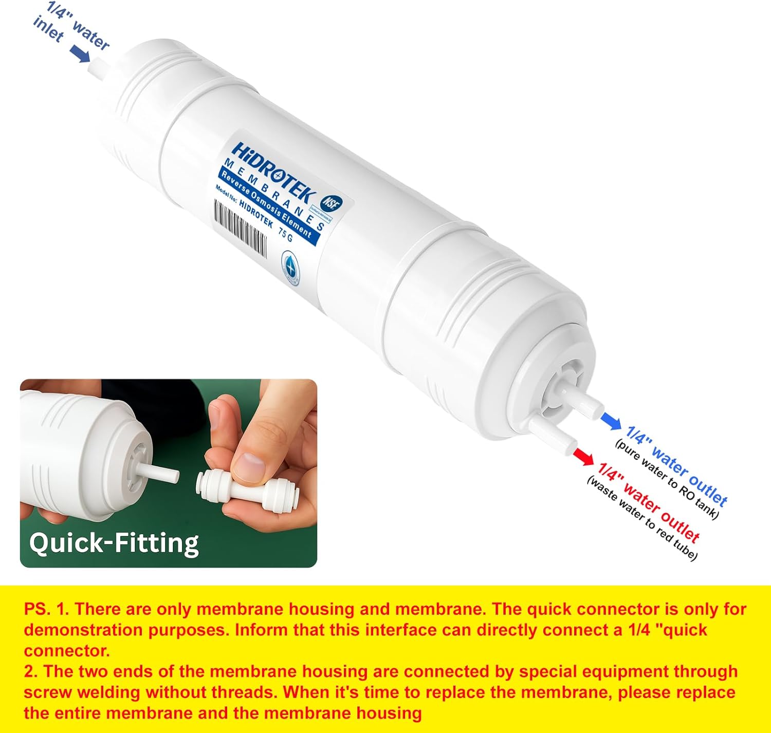 Geekpure 75GPD Reverse Osmosis RO Membrane with Quick Change Housing - 1/4" Inlet/Outlet (Fit with Geekpure RO-TW)