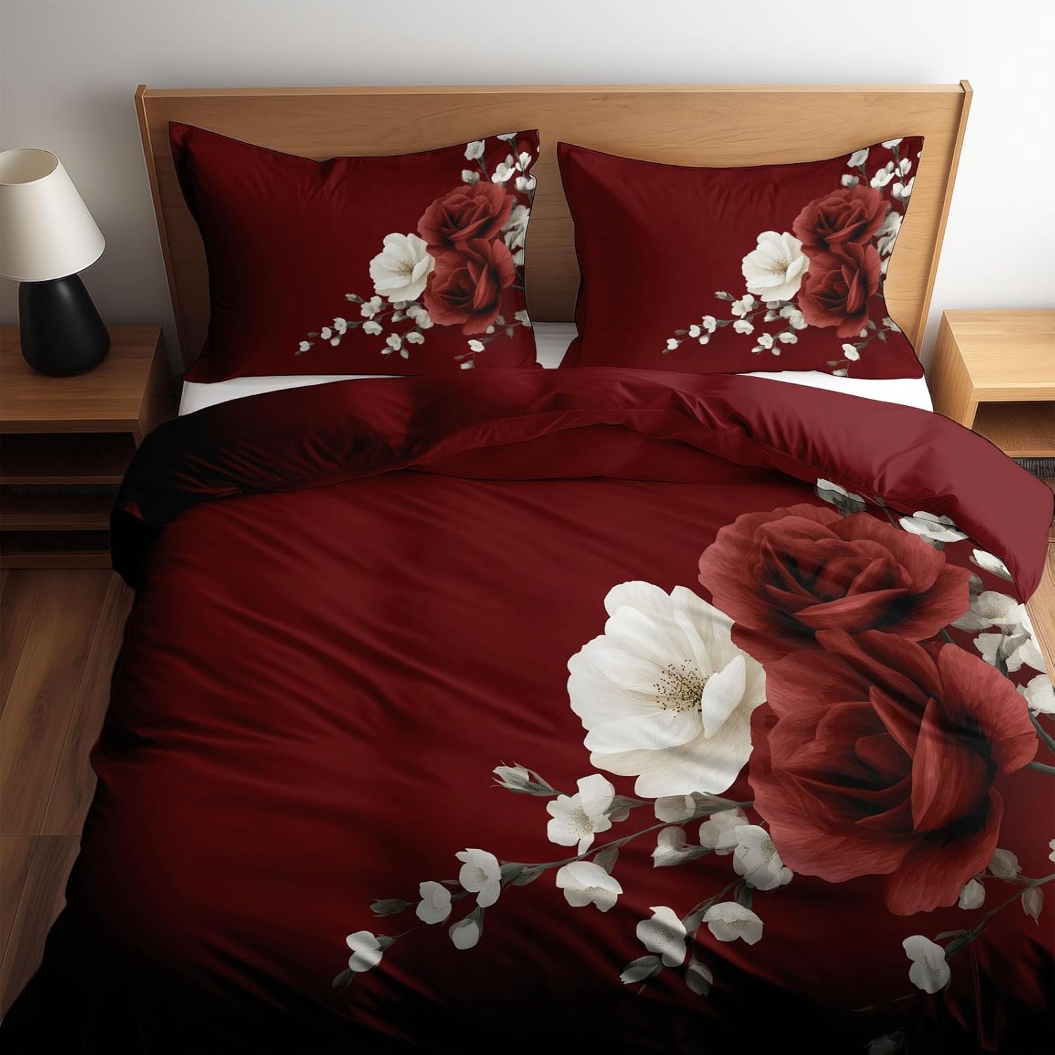 Housse de couette 160 x 200 florale rouge blanche réversible parure de lit 1 personne D-21