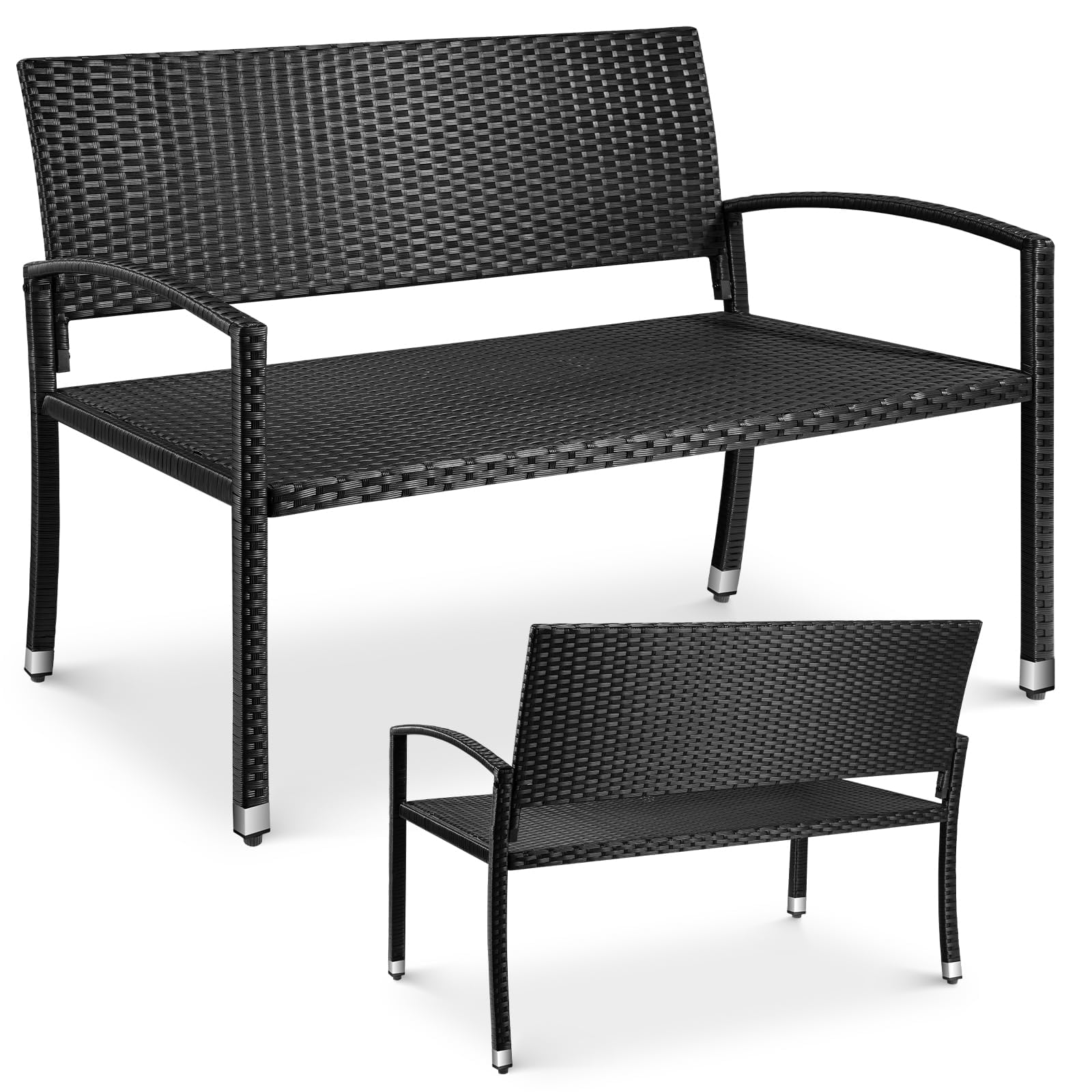 LIFERUN Rattan Garden Bench, 2 Seater Outdoor Wicker Bench with Adjustable Feet, Weatherproof PE Garden Loveseat for Patio, Balcony, Terrace, Park, 320kg Capacity, Double-Sided Rattan (Black)
