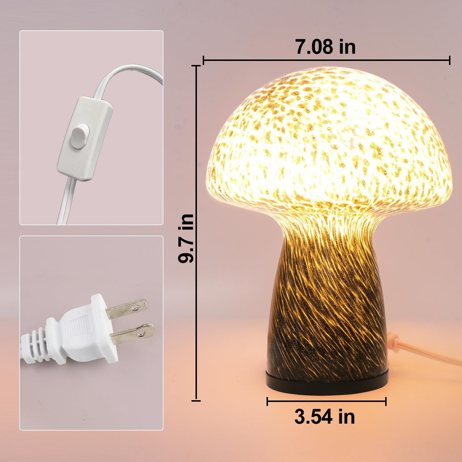 uboory Mushroom Table Lamp,Glass Nightstand Light,Translucent  